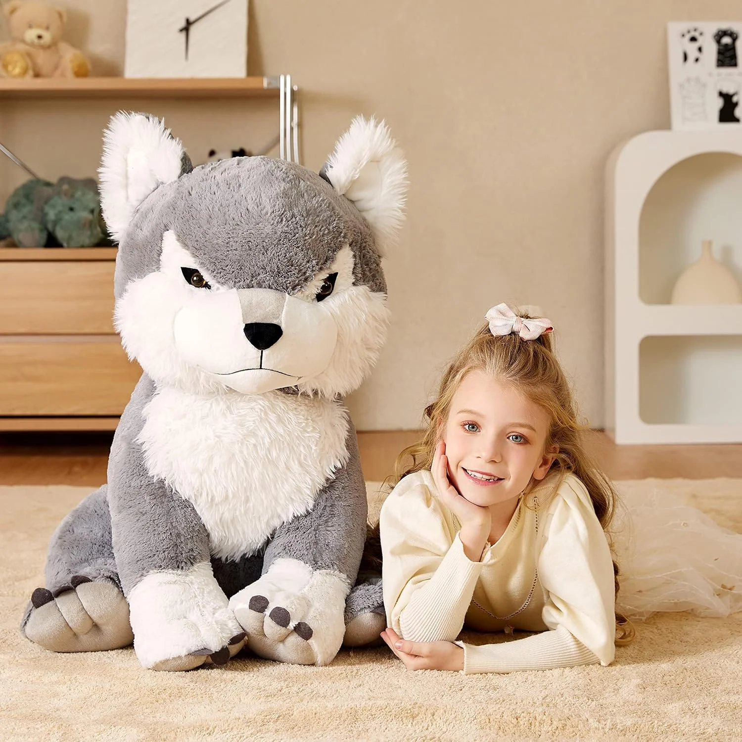 عروسک پولیشی گرگ غول پیکر EARTHSOUND، 58 سانتی متر، اسباب بازی نرم و بزرگ و بامزه، سایز بزرگ، پولیشی پشمالو و چاق، هدیه برای کودکان و دوست دختر (58 سانتی متر، خاکستری)