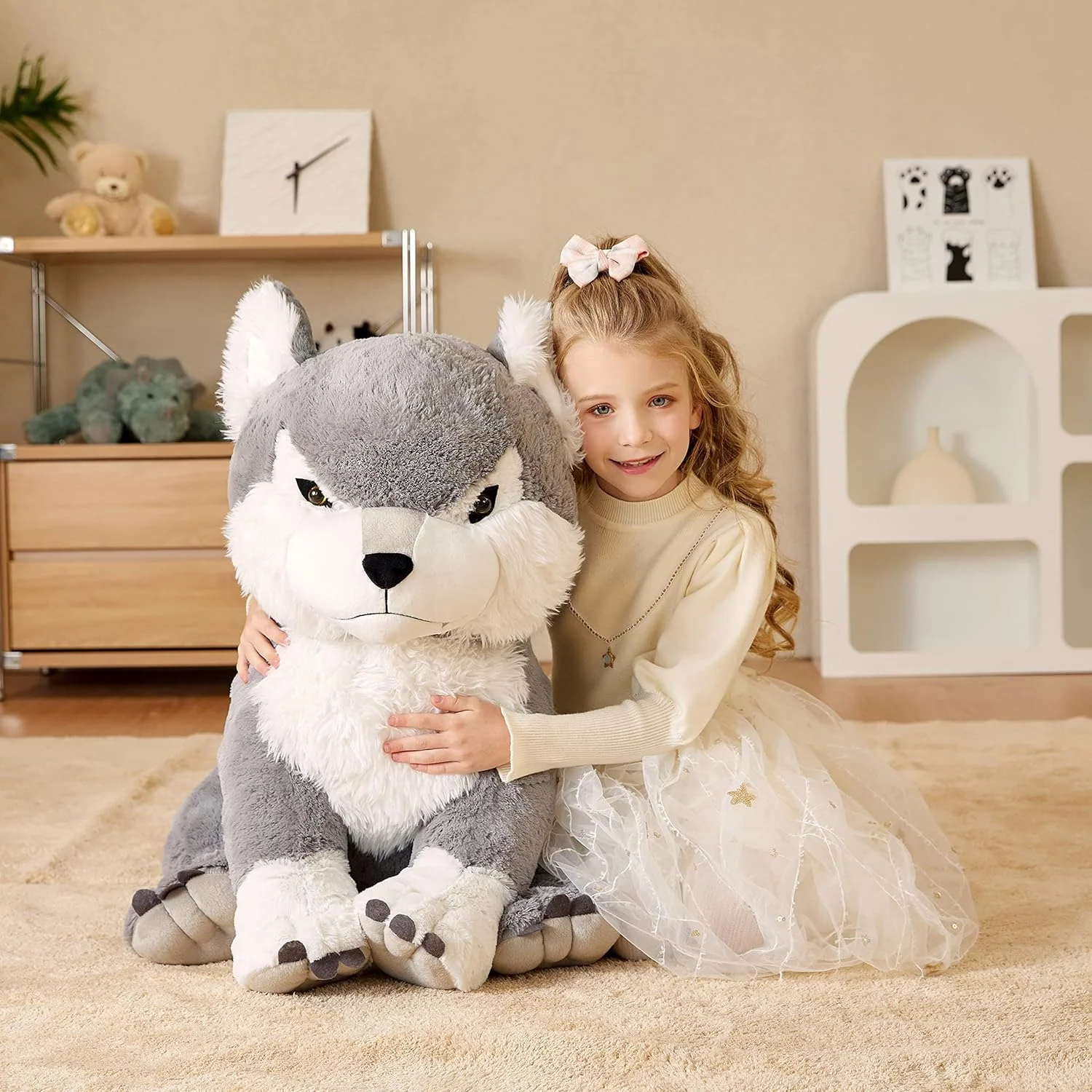 عروسک پولیشی گرگ غول پیکر EARTHSOUND، 58 سانتی متر، اسباب بازی نرم و بزرگ و بامزه، سایز بزرگ، پولیشی پشمالو و چاق، هدیه برای کودکان و دوست دختر (58 سانتی متر، خاکستری)