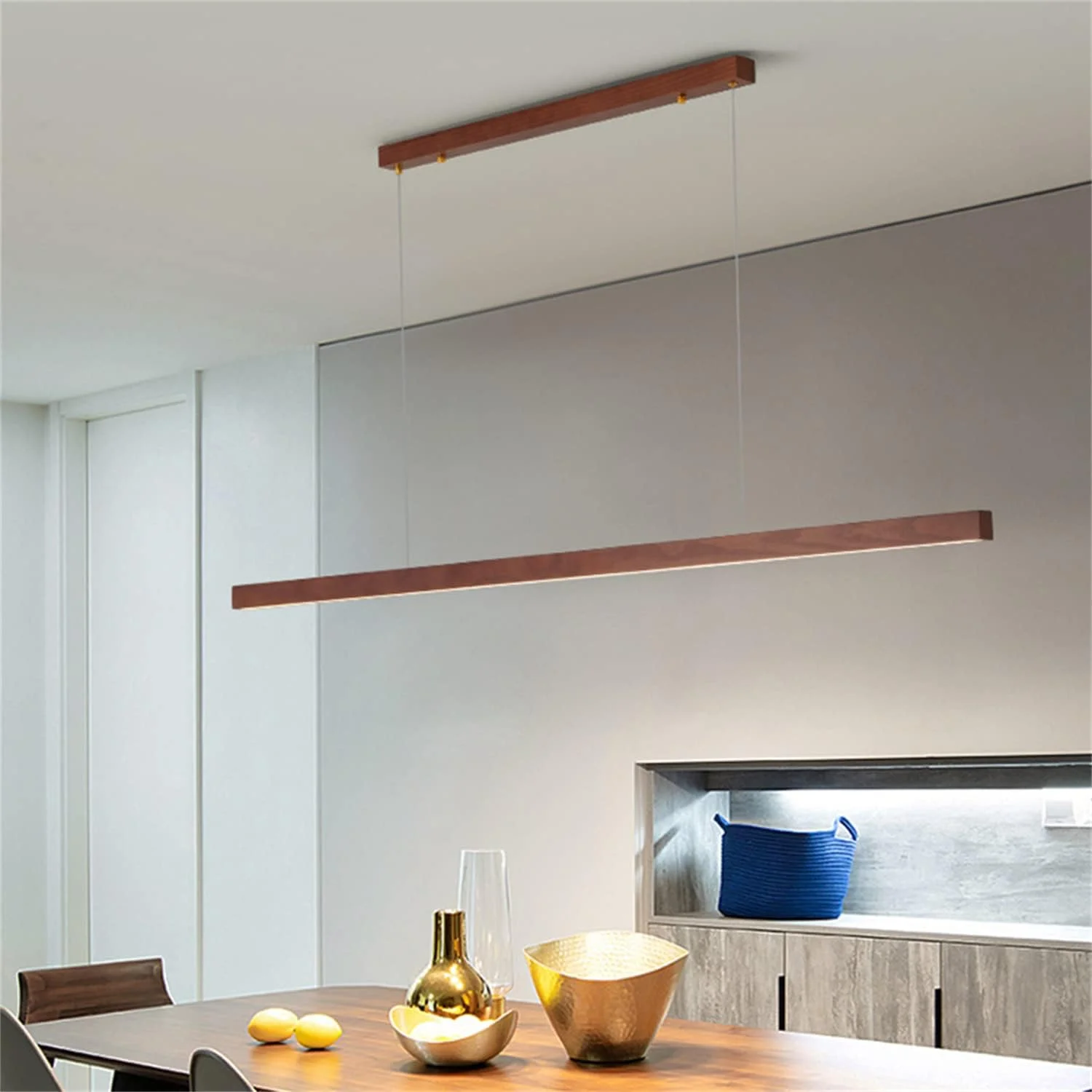 چراغ آویز خطی چوبی، چراغ جزیره اتاق غذاخوری، چراغ آویز سقفی مدرن LED با قابلیت تنظیم نور، مناسب برای اتاق غذاخوری، جزیره آشپزخانه، اتاق نشیمن، بار، گردویی، 150 سانتی متر