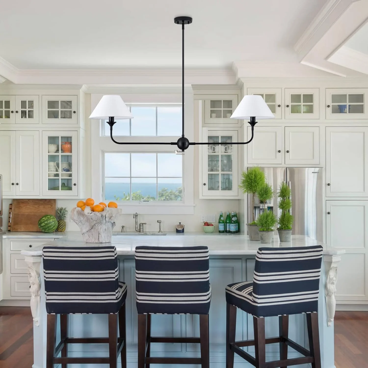 لوستر خطی مدرن VANZARLA، چراغ آویز خطی 2-شاخه مناسب برای جزیره آشپزخانه با سایه پارچه ای سفید مایل به سفید، چراغ آویز مدرن آشپزخانه برای اتاق ناهارخوری، رستوران، اتاق نشیمن، اتاق خواب