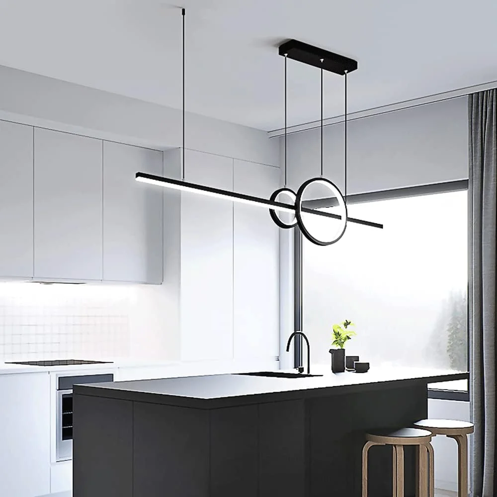 چراغ آویز سقفی فلزی مشکی Mjsdjof، چراغ های آویز میله ای بلند آلومینیومی خطی با سایه سیلیکونی سفید، چراغ آویز ال ای دی مدرن، لوستر روشنایی جزیره آشپزخانه مینیمالیستی