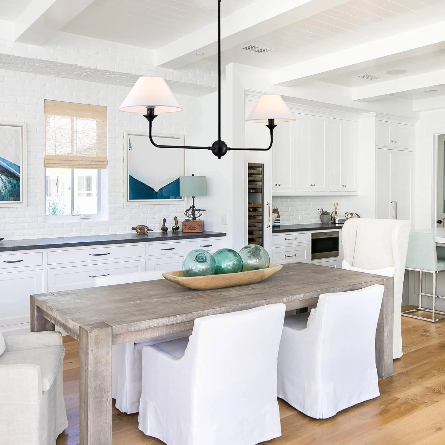 لوستر خطی مدرن VANZARLA، چراغ آویز خطی 2-شاخه مناسب برای جزیره آشپزخانه با سایه پارچه ای سفید مایل به سفید، چراغ آویز مدرن آشپزخانه برای اتاق ناهارخوری، رستوران، اتاق نشیمن، اتاق خواب