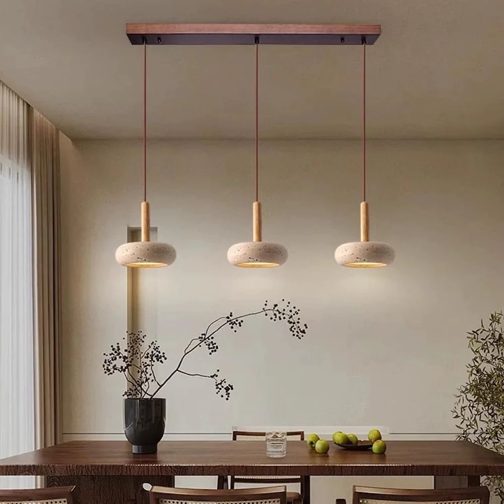چراغ آویز جزیره آشپزخانه چوبی RXPVUXE، چراغ آویز سنگی غار زرد 3-شاخه 36 وات، لوستر خطی چوبی مدرن، چراغ سقفی اتاق ناهارخوری 31 اینچی 3000K