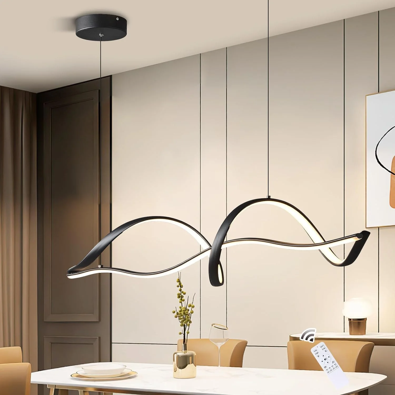 لوستر مدرن ال ای دی دیمر دار Qcyuui، چراغ آویز سقفی موجی مشکی 48 وات با ریموت، چراغ های آویز نیمه فلاش خطی 110 سانتی متری برای اتاق نشیمن، اتاق غذاخوری، جزیره آشپزخانه بالای میز
