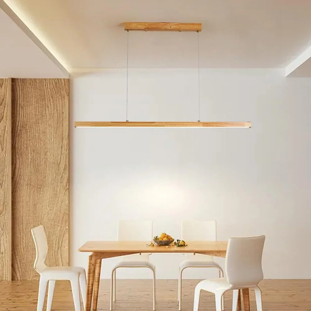 چراغ آویز خطی چوبی، روشنایی ال ای دی، لوستر چوبی، چراغ آویز سقفی اتاق ناهارخوری، چراغ جزیره قابل تنظیم برای اتاق ناهارخوری، جزیره آشپزخانه، میز بیلیارد