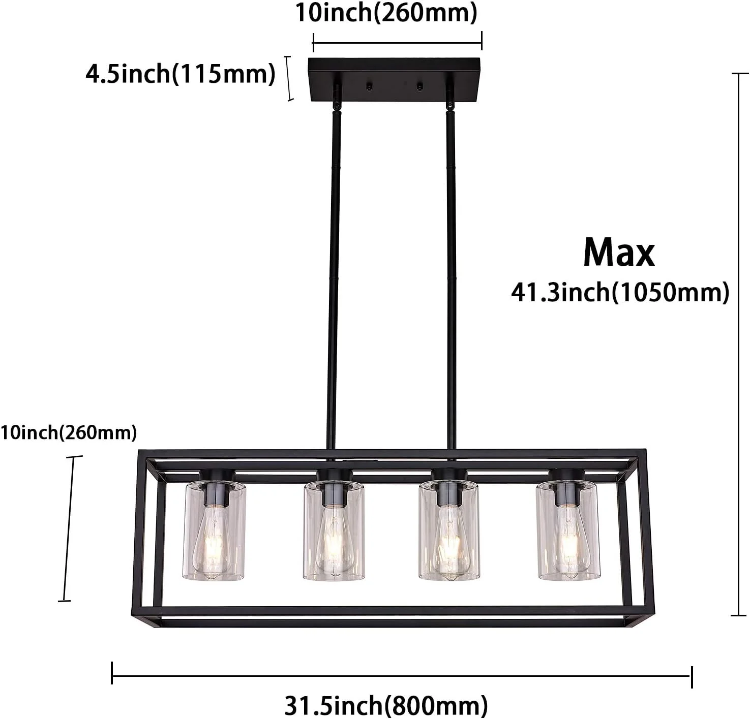 لوستر مشکی اتاق غذاخوری XILICON، آویز خطی مدرن 4-شاخه با حباب‌های شیشه‌ای، چراغ آویز سقفی به سبک روستایی برای جزیره آشپزخانه، کافه و بار