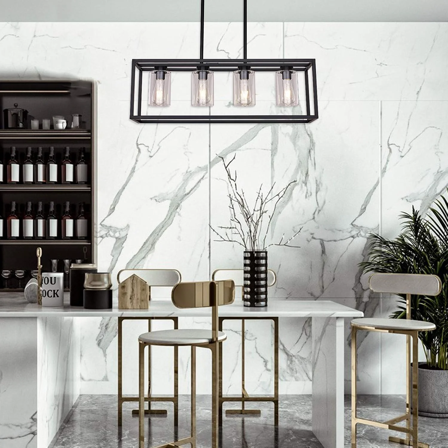 لوستر مشکی اتاق غذاخوری XILICON، آویز خطی مدرن 4-شاخه با حباب‌های شیشه‌ای، چراغ آویز سقفی به سبک روستایی برای جزیره آشپزخانه، کافه و بار