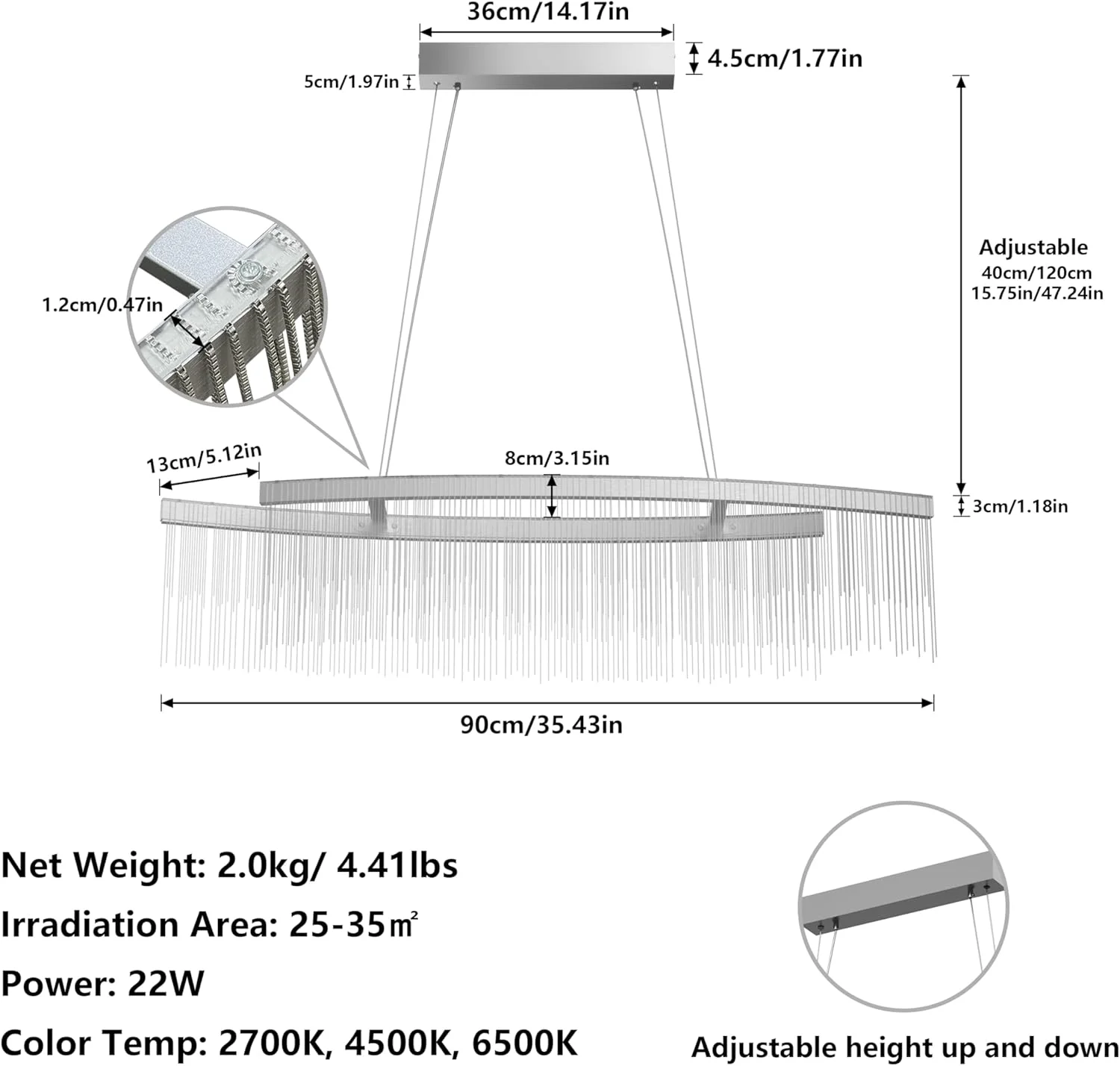 لوستر سقفی LED لوکس ویسفور: آویز زنجیری بلند 90 سانتی متری با قابلیت تنظیم ارتفاع و سه رنگ نور، قاب آلومینیومی، دکوراسیون مدرن اتاق