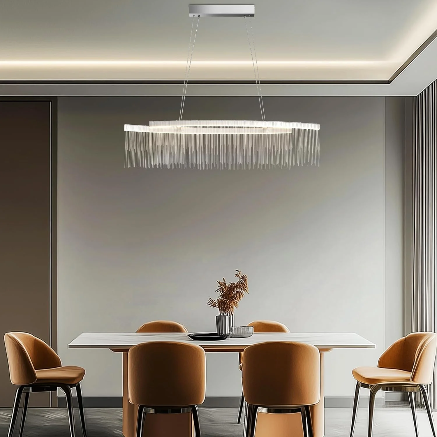 لوستر سقفی LED لوکس ویسفور: آویز زنجیری بلند 90 سانتی متری با قابلیت تنظیم ارتفاع و سه رنگ نور، قاب آلومینیومی، دکوراسیون مدرن اتاق