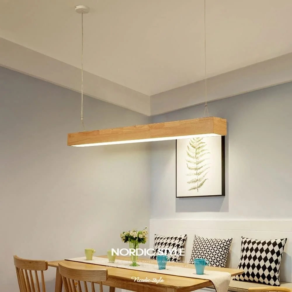 چراغ آویز چوبی بلند، روشنایی آویز مدرن LED، لوستر خطی چوب رابر با سایه آکریلیک سفید، چراغ های آویز سقفی ساده مناسب جزیره آشپزخانه L: 90cm/120cm