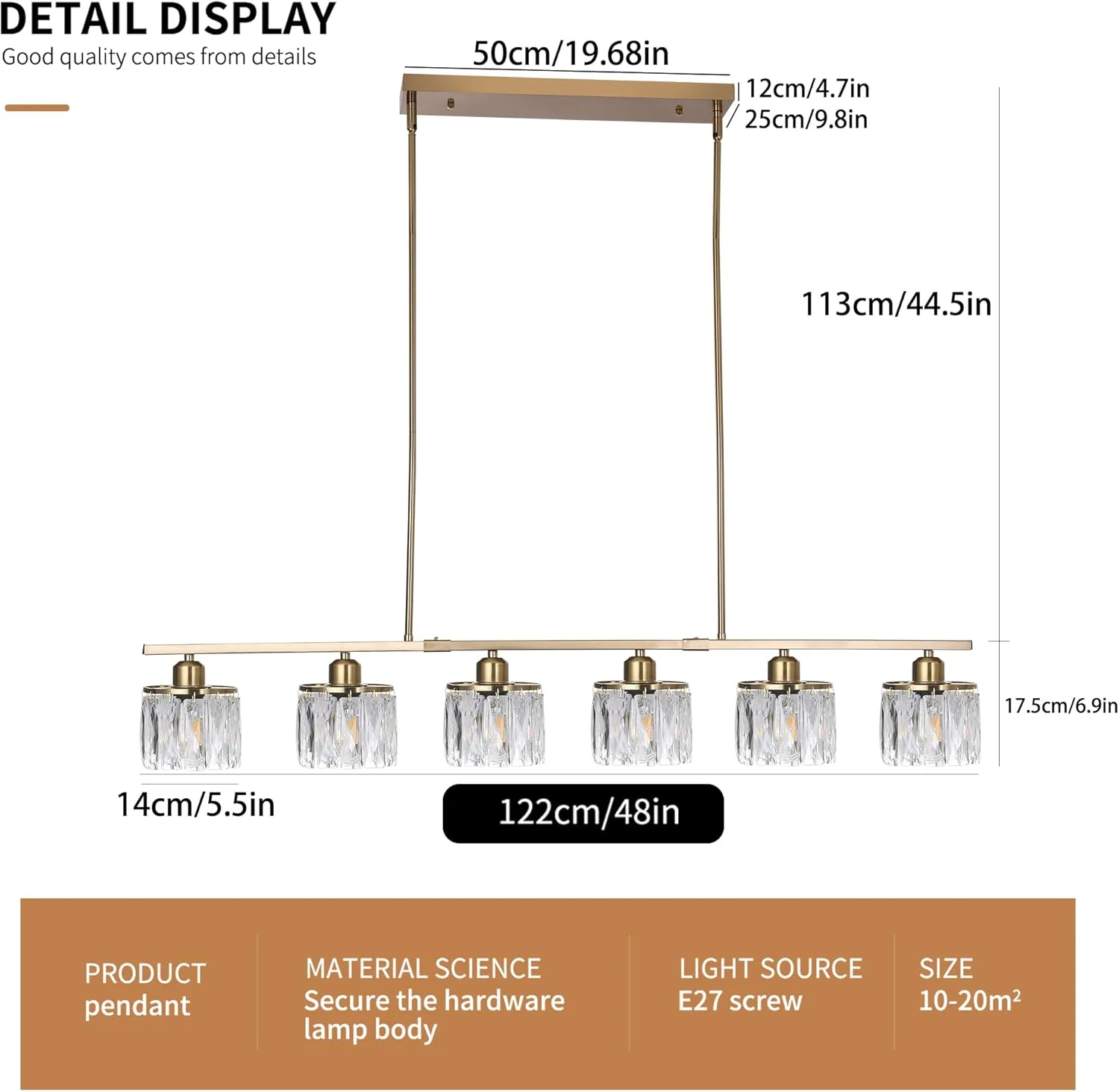 لوستر کریستالی طلایی جزیره مدرن Qcyuui، چراغ آویز سقفی 6 شاخه، روشنایی برنجی طلایی قابل تنظیم خطی اواسط قرن، آویز بالای میز برای آشپزخانه، اتاق نشیمن، اتاق غذاخوری، اتاق خواب