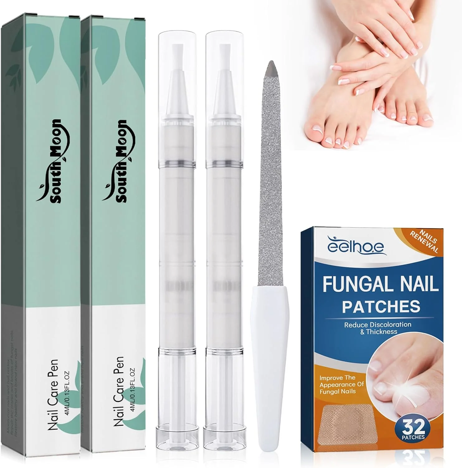 مجموعه درمان ناخن پا: 32 عدد پد ترمیم ناخن فرو رفته | 2 عدد قلم روغن ناخن به همراه سوهان ناخن برای ناخن های آسیب دیده و ظاهر ناخن های تغییر رنگ داده