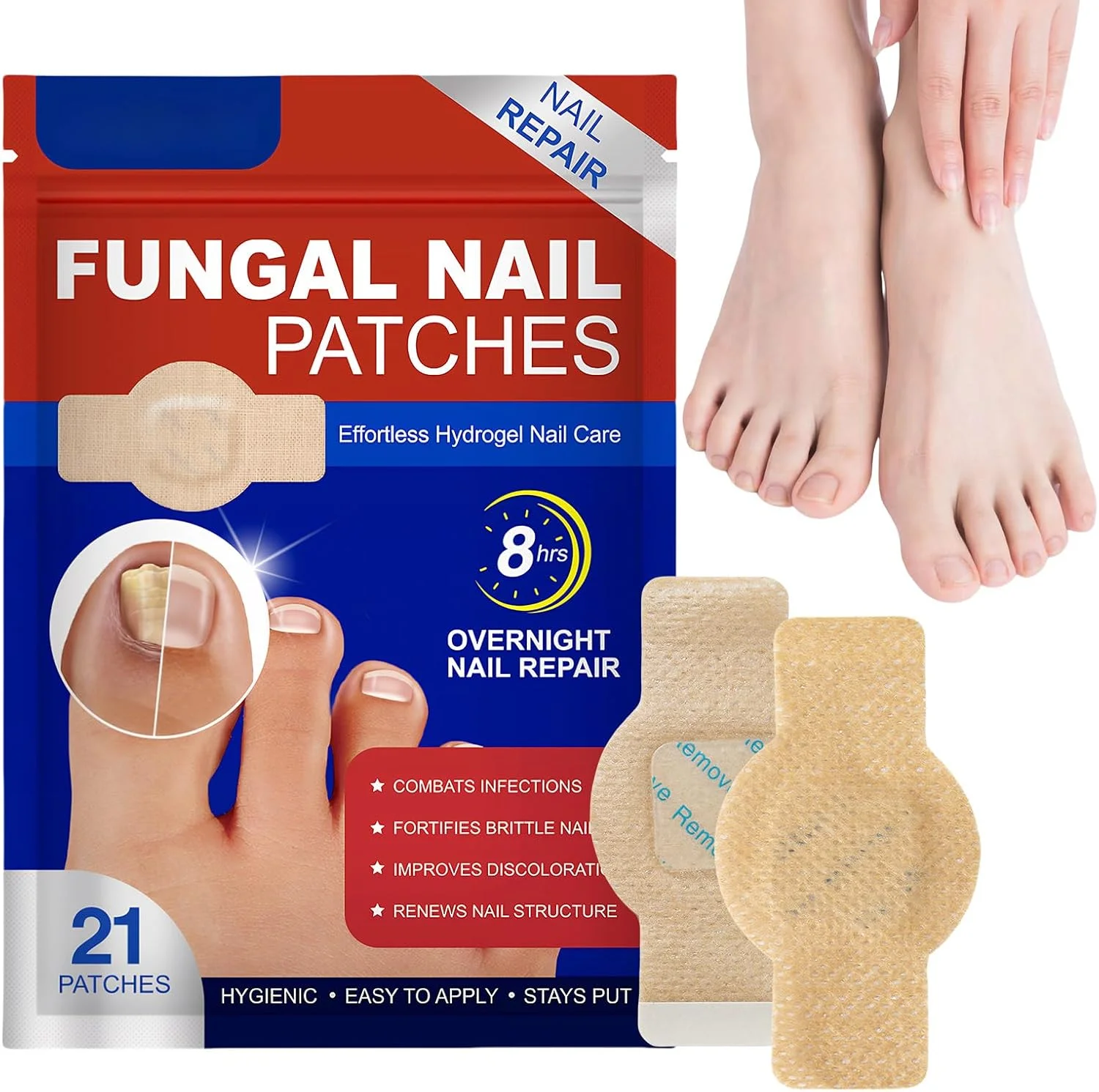 پد ترمیم ناخن قارچی، 21 عدد پد ترمیم ناخن قارچی برای ناخن پا، 8 ساعت ترمیم قارچ برای مراقبت از ناخن های آسیب دیده، ترمیم کننده تغییر رنگ، ضخامت و نرم کننده