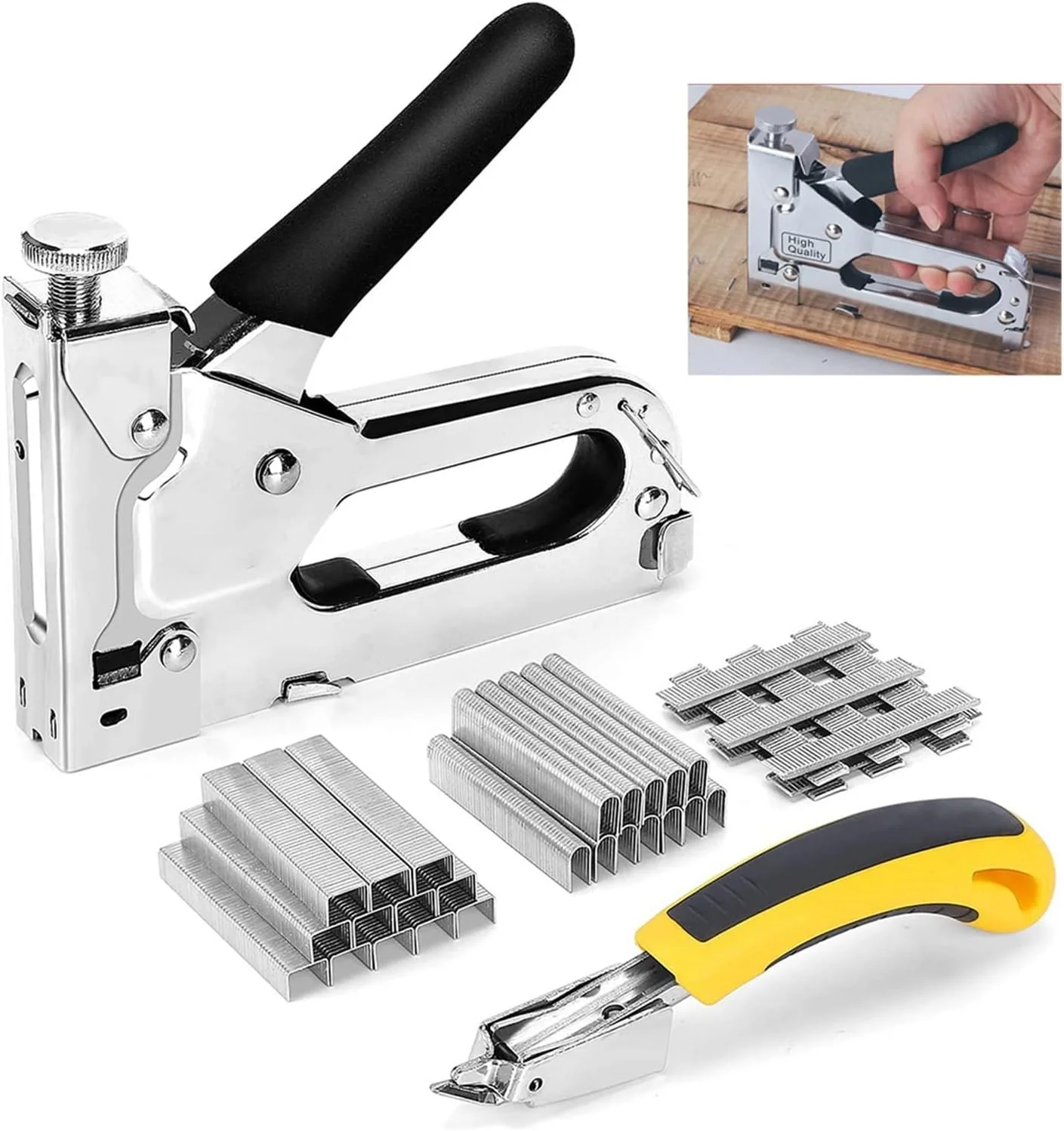 منگنه کوب دستی 3 در 1 با سوزن کش و 3000 منگنه، مناسب برای نجاری، مبلمان و غیره (1000 عدد سوزن تی)