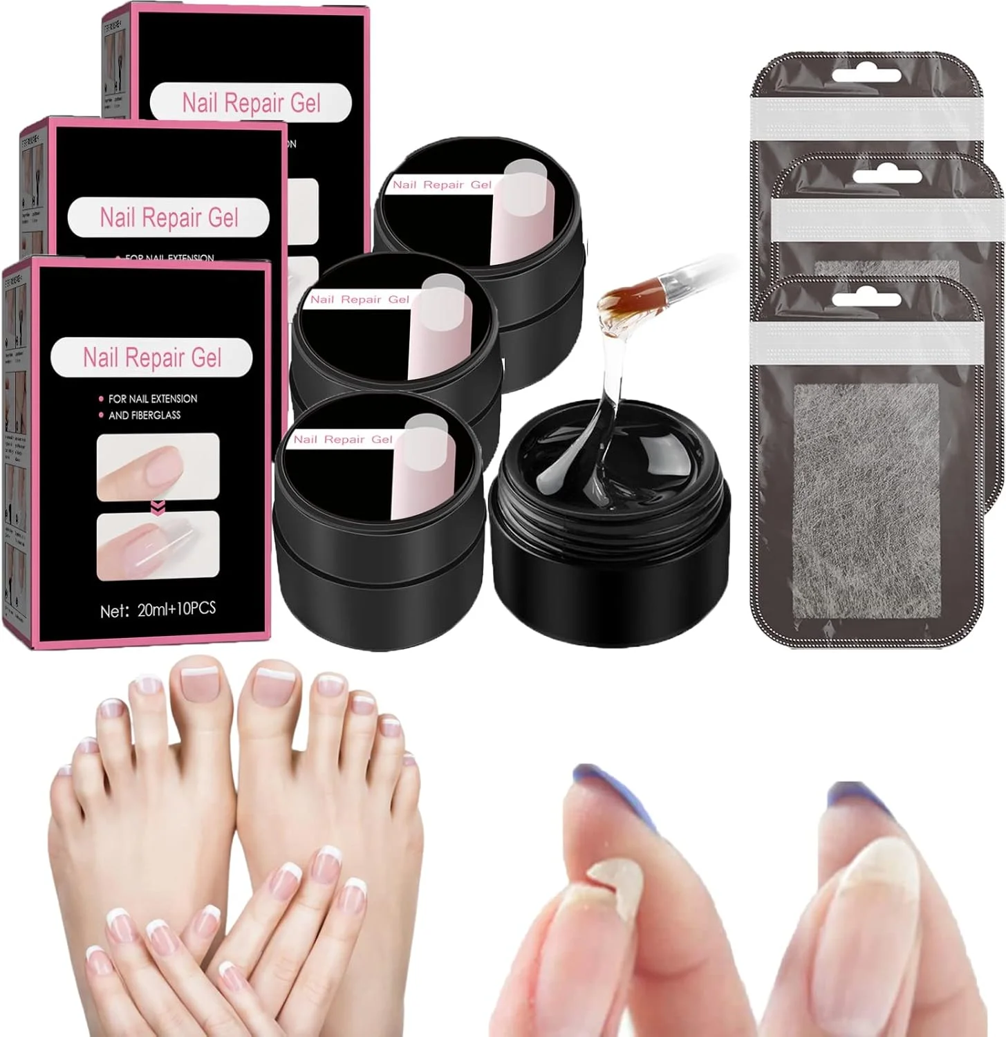 ژل محافظ ترمیم ناخن Terrain-Hill، ژل ترمیم فوری ناخن ترک خورده، ژل فیبر ترمیم ناخن برای ناخن طبیعی ترک خورده، کیت ترمیم ناخن برای ناخن های شکسته، ترک خورده و ضعیف (3 عدد)