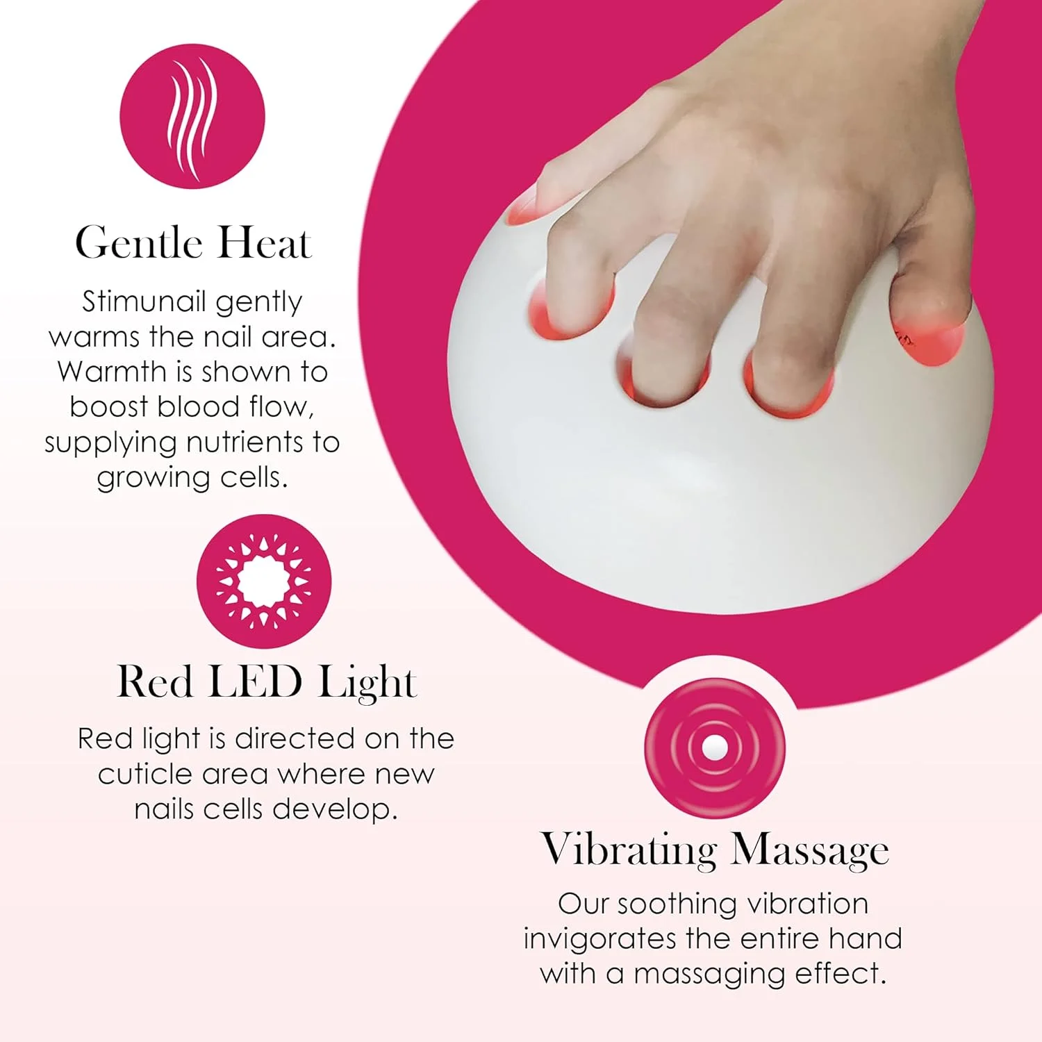 دستگاه تقویت ناخن - پشتیبانی از رشد ناخن های بلند و قوی - حرارت ملایم، نور ال ای دی قرمز و ماساژ ویبره باعث رشد سالم می شود - پشتیبانی از ناخن های ضعیف و شکننده - دستگاه قابل شارژ USB