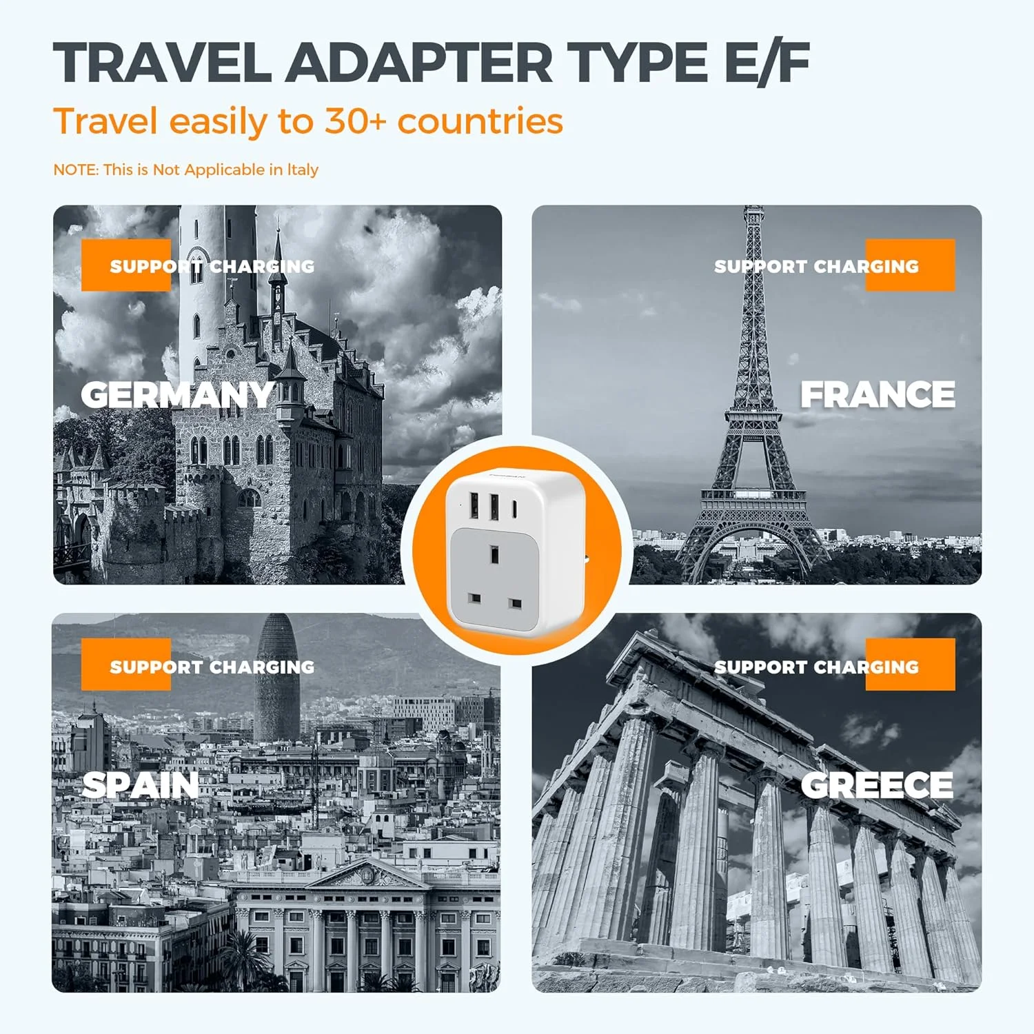 تبدیل دوشاخه AE به دوشاخه اروپایی TESSAN، آداپتور مسافرتی 4 در 1 با 1 پورت USB-C و 2 پورت USB-A، آداپتور دوشاخه اروپایی 3250 وات، تبدیل AE به دوشاخه اروپایی، دوشاخه مسافرتی نوع E/F برای اسپانیا، فرانسه، ترکیه، آلمان