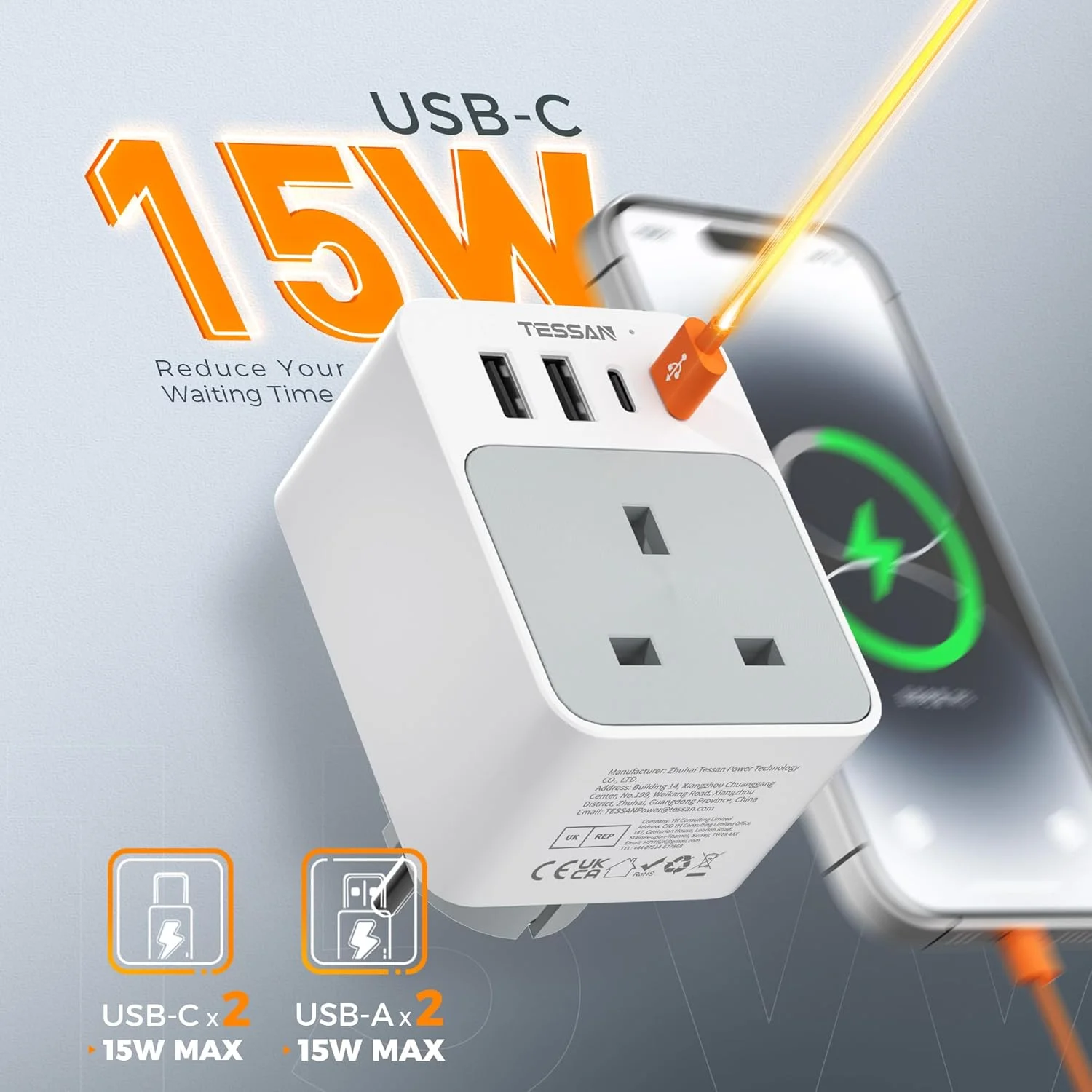 تبدیل دوشاخه AE به دوشاخه اروپایی TESSAN، آداپتور مسافرتی 5 در 1 با 2 پورت USB-C و 2 پورت USB-A، آداپتور دوشاخه اروپایی 3600 وات، نوع E/F مناسب برای سفر به اسپانیا، فرانسه، ترکیه، آلمان