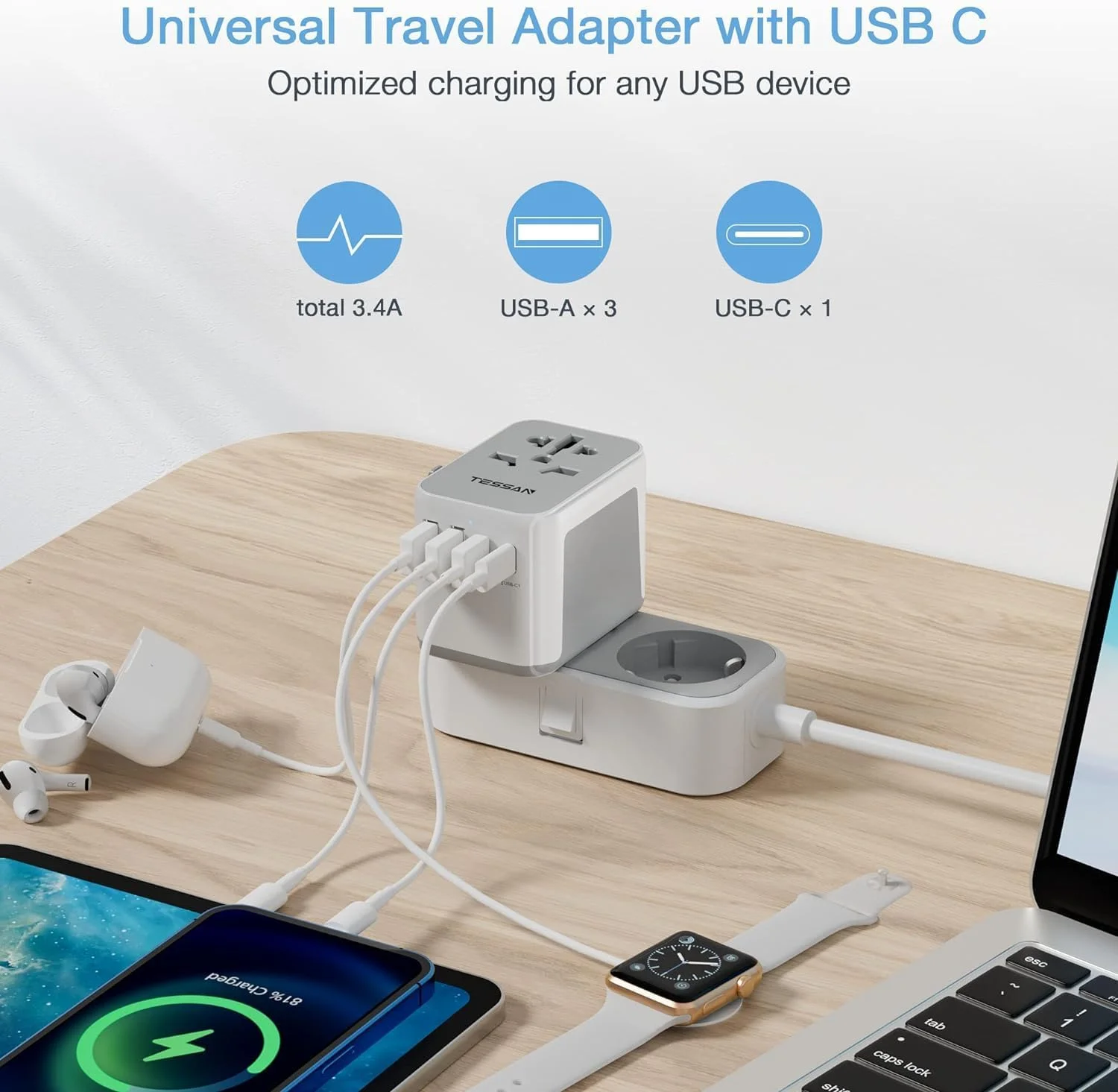آداپتور دوشاخه بین المللی TESSAN، آداپتور برق جهانی با 4 پورت USB (1 پورت USB C)، شارژر دیواری ضروری مسافرتی در سراسر جهان برای ایالات متحده آمریکا به اروپا فرانسه آلمان اسپانیا ایرلند استرالیا (نوع C/G/A/I)