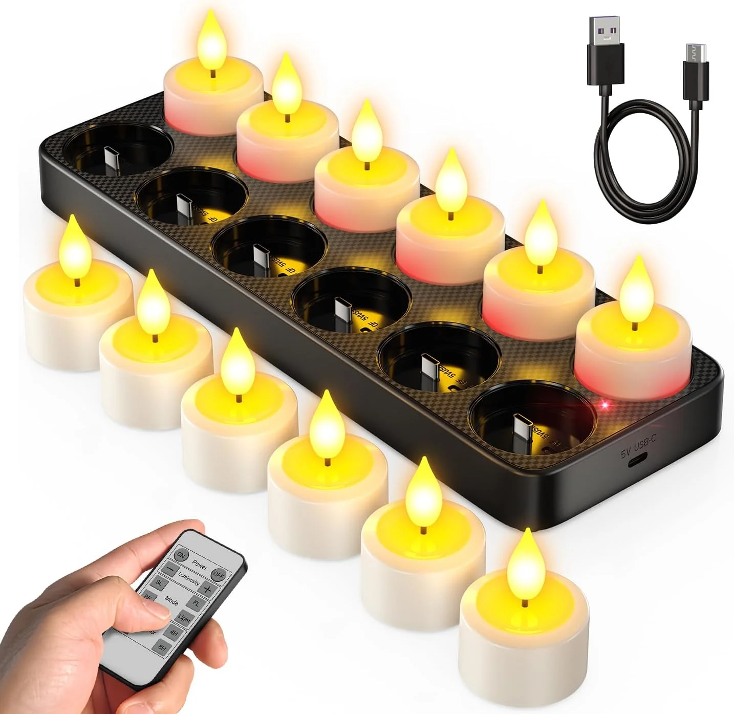 شمع های بدون شعله SoulBay با کنترل از راه دور و تایمر و پایه شارژ، 12 عدد شمع LED چای قابل شارژ USB، شمع های کوچک نذری برای فانوس، شومینه، عروسی، مواقع اضطراری، تزئینات کریسمس