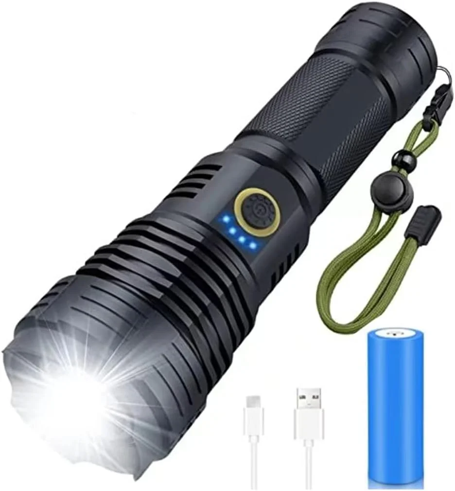 چراغ قوه LED شارژی با لومن بالا، چراغ قوه تاکتیکی فوق العاده روشن با 5 حالت نور و باتری 26650، چراغ قوه ضد آب با زوم برای پیاده روی، کمپینگ، سواری یا مواقع اضطراری (مشکی)