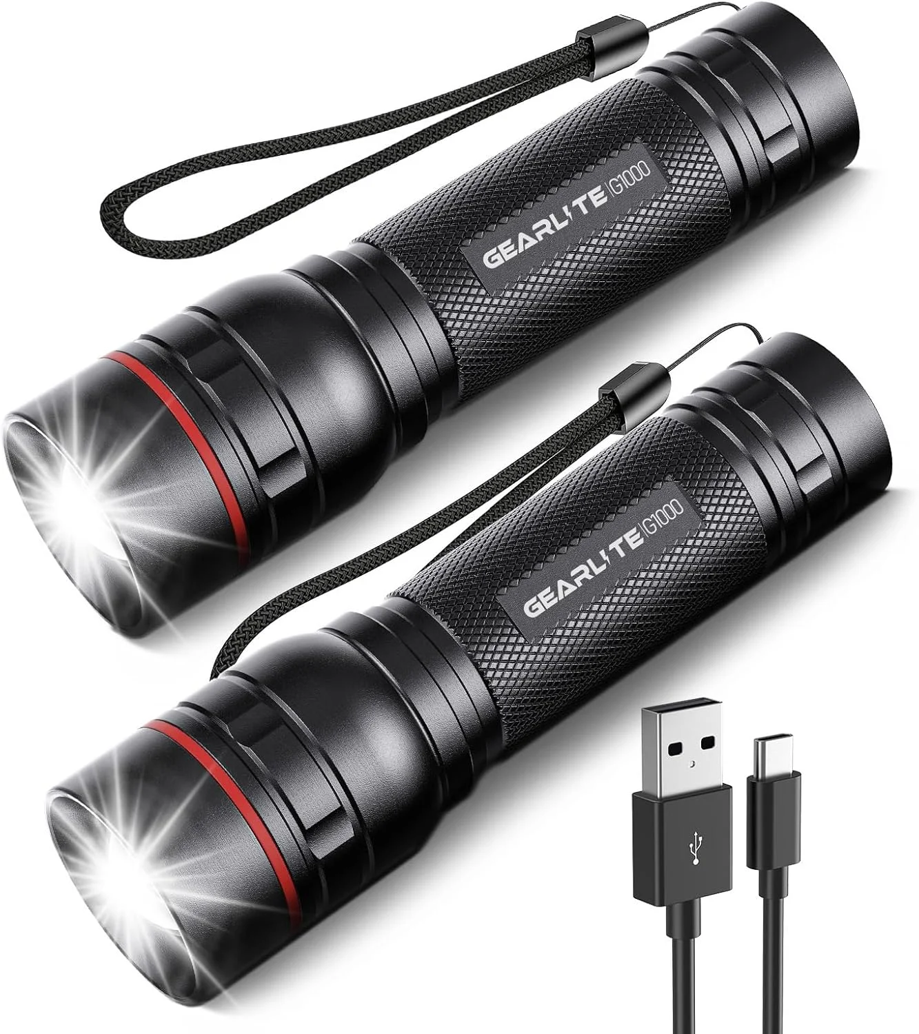 چراغ قوه LED شارژی GEARLITE، بسته 2 عددی 2000 لومن فوق العاده روشن با فوکوس قابل تنظیم، 3 حالت نورپردازی، عمر باتری طولانی، چراغ قوه ضد آب جیبی برای قطع برق، مواقع اضطراری