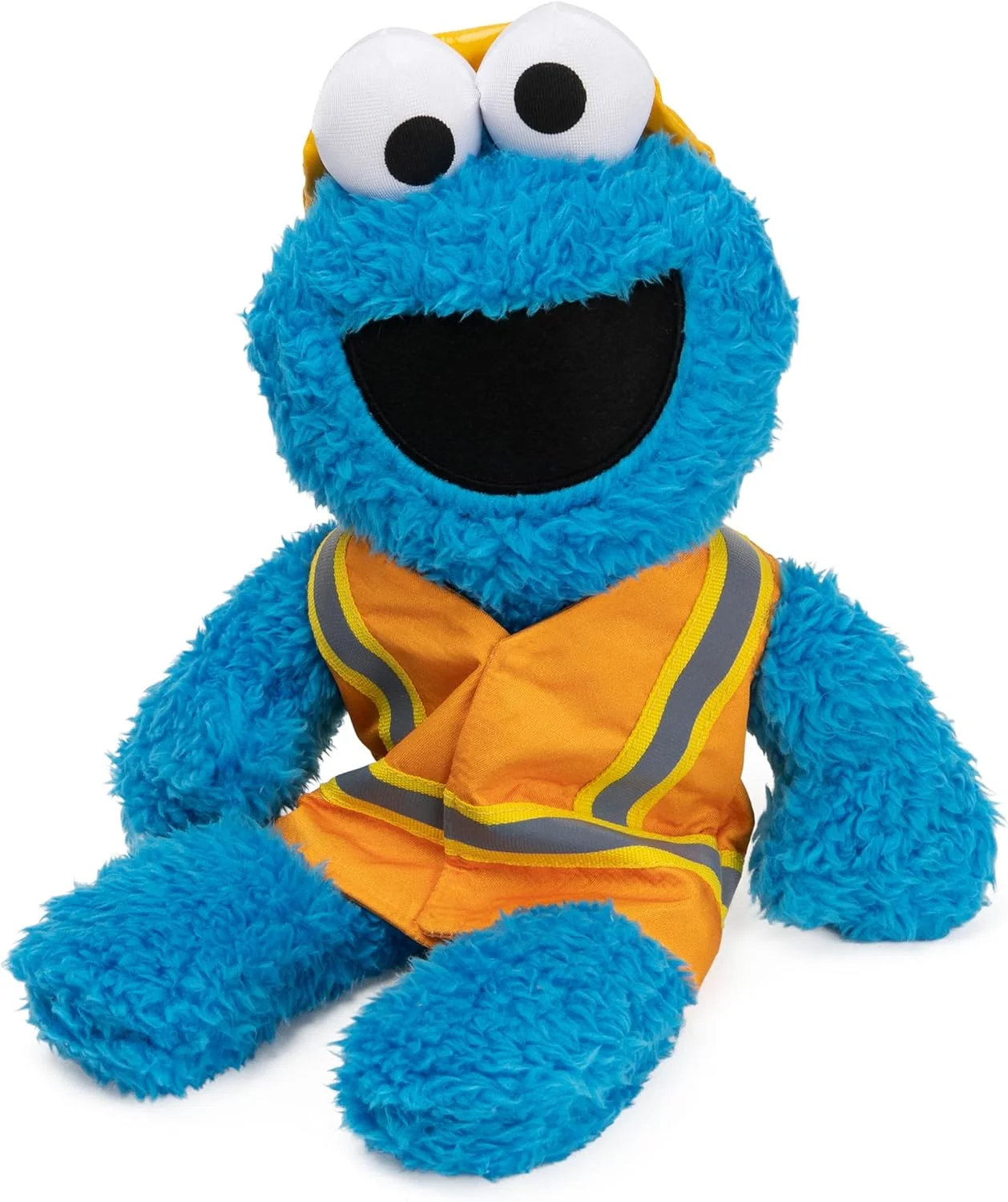 عروسک پولیشی هیولای کوکی با لباس کارگر ساختمانی از مجموعه خیابان سسمی، مناسب برای کودکان بالای 1 سال، آبی، 33 سانتی متر