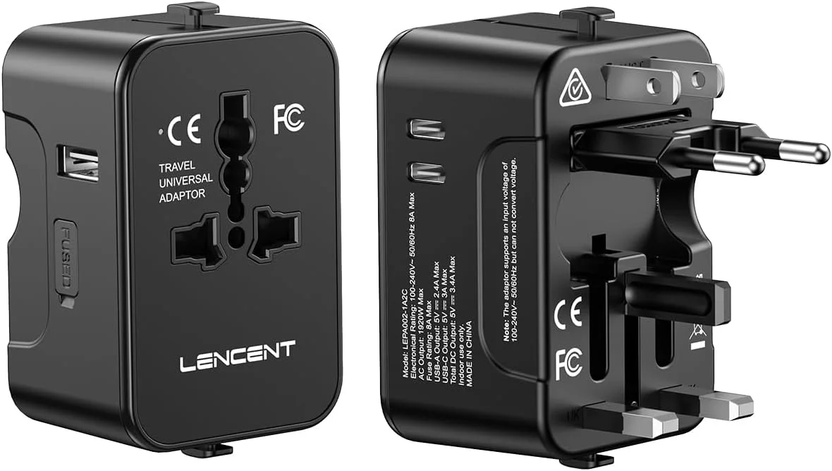 آداپتور مسافرتی بین المللی LENCENT، آداپتور مسافرتی جهانی با 1 USB-A + 2 Type C، آداپتور برق همه کاره برای تلفن، لپ تاپ، آداپتور پلاگین جهانی برای ایالات متحده آمریکا انگلستان اتحادیه اروپا استرالیا، مشکی