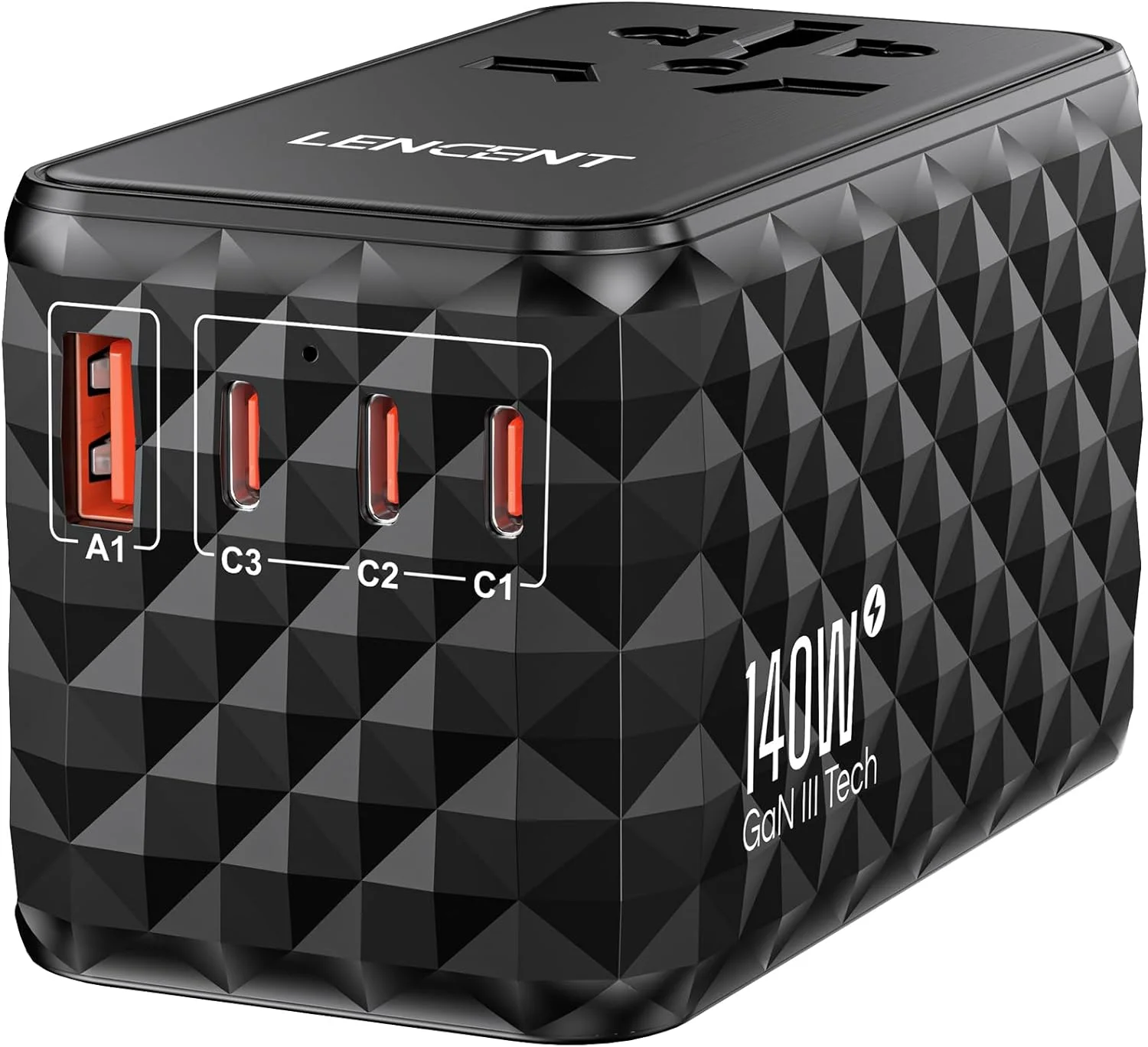 آداپتور مسافرتی بین المللی 140 واتی LENCENT، آداپتور مسافرتی جهانی GaN با 1 پورت USB-A و 3 پورت Type C، شارژر سریع برای تلفن، لپ تاپ، آداپتور پلاگین جهانی برای ایالات متحده آمریکا/انگلستان/اتحادیه اروپا/استرالیا، مشکی