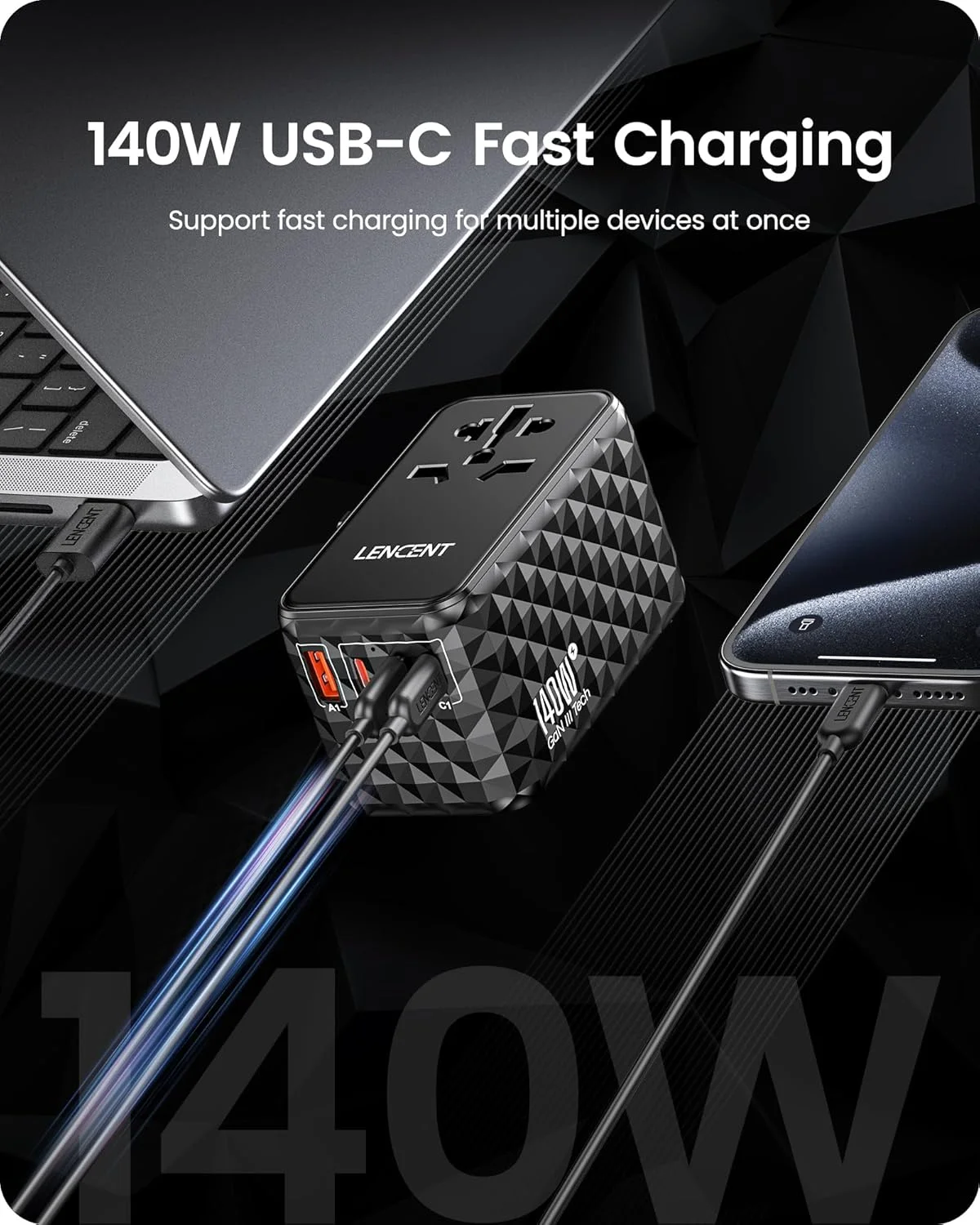 آداپتور مسافرتی بین المللی 140 واتی LENCENT، آداپتور مسافرتی جهانی GaN با 1 پورت USB-A و 3 پورت Type C، شارژر سریع برای تلفن، لپ تاپ، آداپتور پلاگین جهانی برای ایالات متحده آمریکا/انگلستان/اتحادیه اروپا/استرالیا، مشکی آداپتور مسافرتی بین المللی 140 واتی LENCENT، آداپتور مسافرتی جهانی GaN با 1 پورت USB-A و 3 پورت Type C، شارژر سریع برای تلفن، لپ تاپ، آداپتور پلاگین جهانی برای ایالات متحده آمریکا/انگلستان/اتحادیه اروپا/استرالیا، مشکی