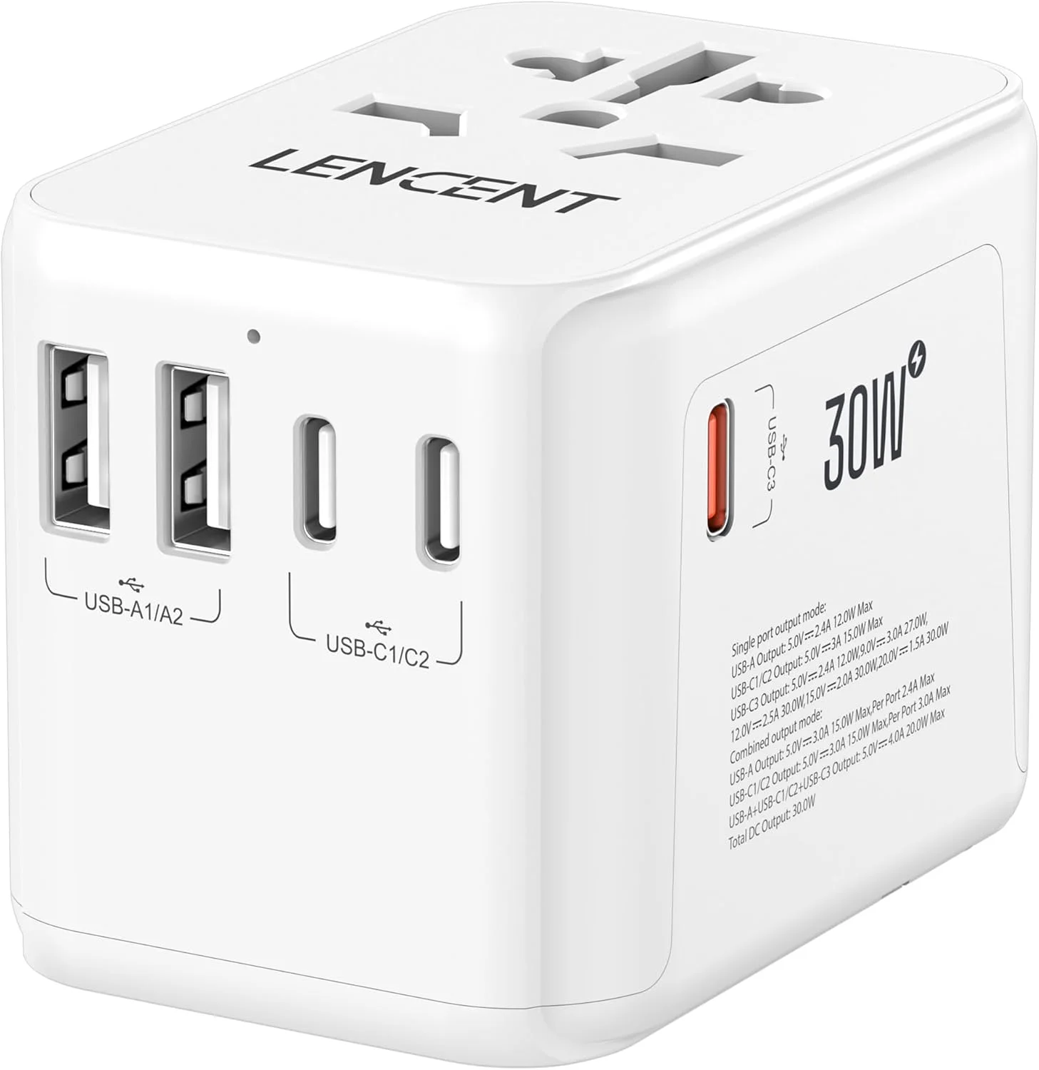 آداپتور مسافرتی جهانی LENCENT، شارژر بین المللی GaN 30W با 2 پورت USB و 3 پورت شارژ سریع Type-C PD، آداپتور دوشاخه جهانی برای آیفون، تبلت ها، لپ تاپ ها، Type A/C/G/I (ایالات متحده آمریکا/انگلستان/اتحادیه اروپا/استرالیا)، سفید