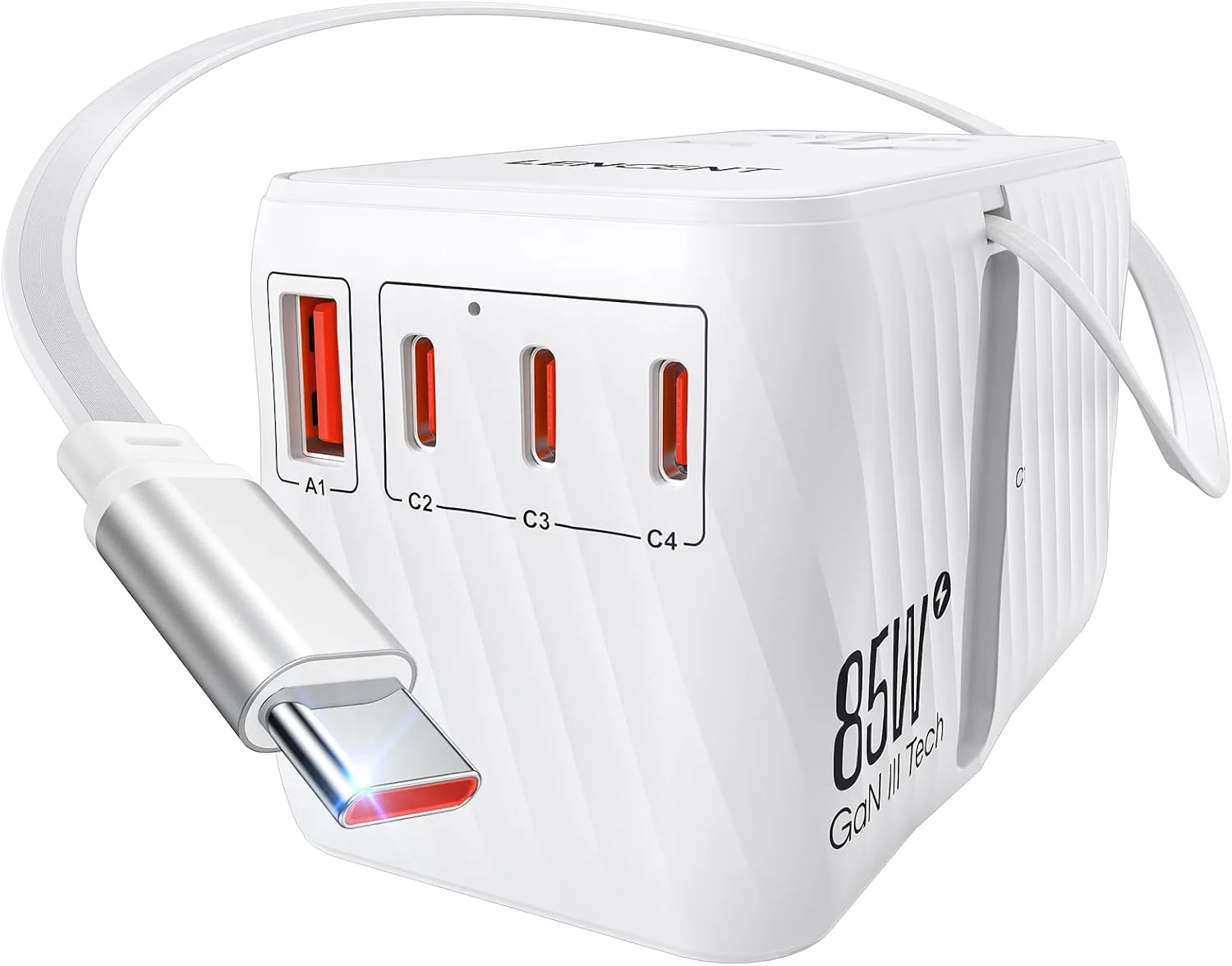 آداپتور مسافرتی جهانی 85 واتی LENCENT با کابل USB C جمع شونده، آداپتور دوشاخه بین المللی GaN با 3 پورت Type C و 1 پورت USB A شارژ سریع، مبدل پریز برق جهانی برای ایالات متحده به اروپا، انگلستان، استرالیا