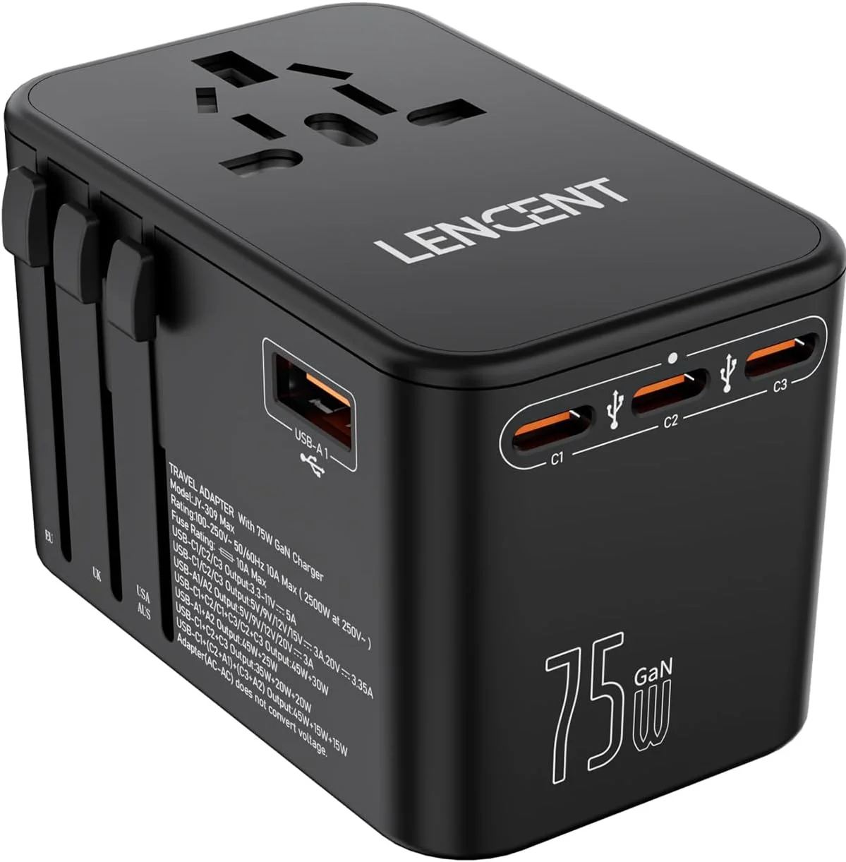 آداپتور مسافرتی جهانی 75 واتی LENCENT، شارژر سریع بین المللی GaN با 3 پورت PD3.0 Type C + 2 پورت QC4.0 USB A، آداپتور برق جهانی برای تلفن ها، لپ تاپ ها، لوازم ضروری سفر همه در یک برای اتحادیه اروپا/ایالات متحده آمریکا/انگلستان/استرالیا