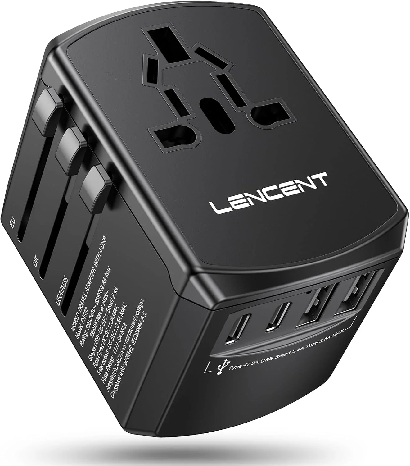 آداپتور برق مسافرتی جهانی LENCENT، آداپتور دوشاخه AC بین المللی با 2 پورت USB C و 2 پورت USB A، شارژر دیواری جهانی، ملزومات سفر برای ایالات متحده به اتحادیه اروپا، انگلستان، ایرلند، استرالیا (نوع C/G/A/I) مشکی