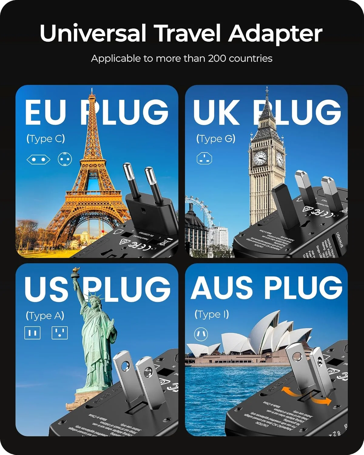 آداپتور برق مسافرتی جهانی LENCENT، آداپتور دوشاخه AC بین المللی با 2 پورت USB C و 2 پورت USB A، شارژر دیواری جهانی، ملزومات سفر برای ایالات متحده به اتحادیه اروپا، انگلستان، ایرلند، استرالیا (نوع C/G/A/I) مشکی