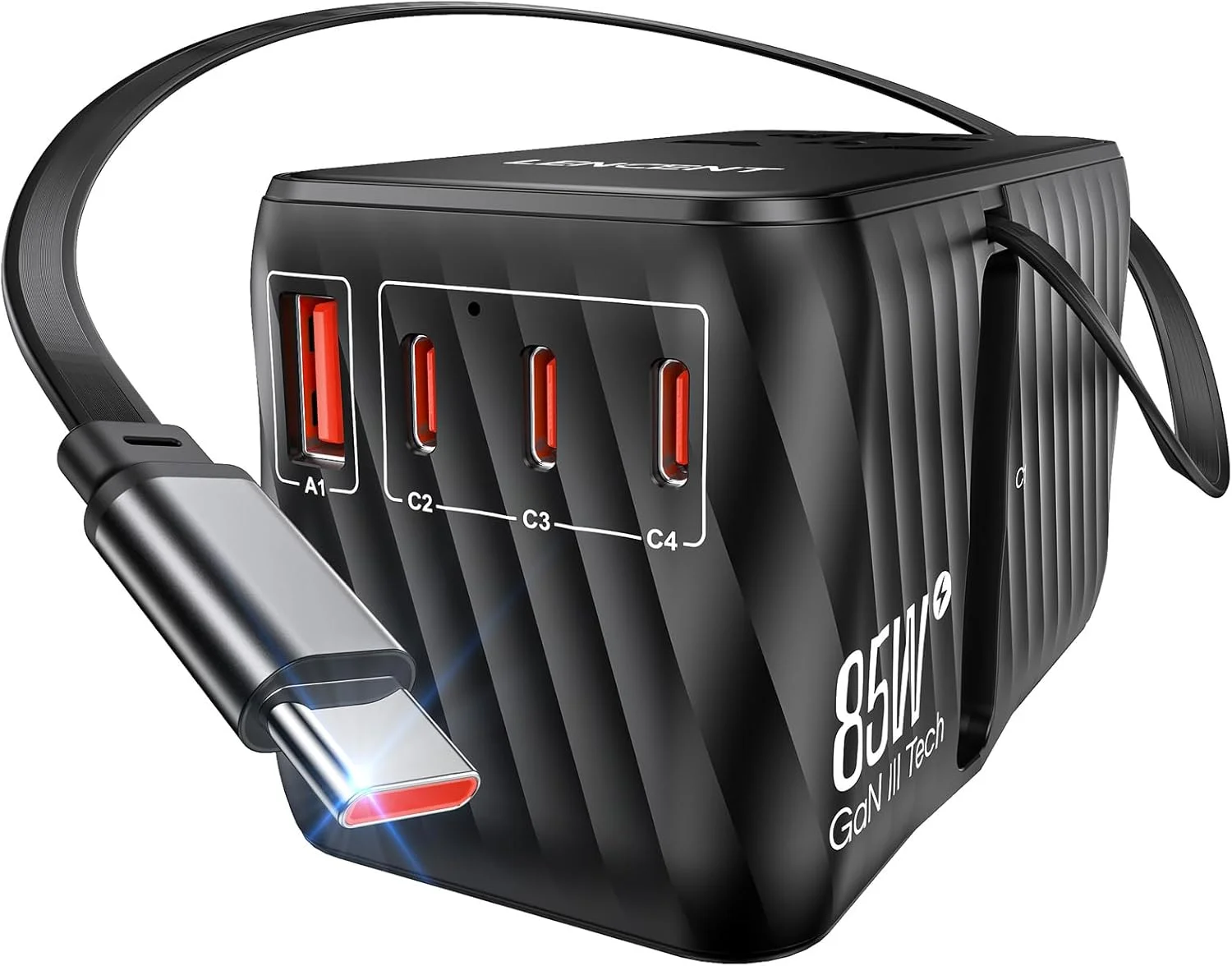 آداپتور مسافرتی جهانی 85 واتی LENCENT با کابل USB C جمع شونده، آداپتور دوشاخه بین المللی GaN با 3 پورت Type C و 1 پورت USB A شارژ سریع، مبدل پریز برق جهانی برای ایالات متحده به اروپا، انگلستان و استرالیا