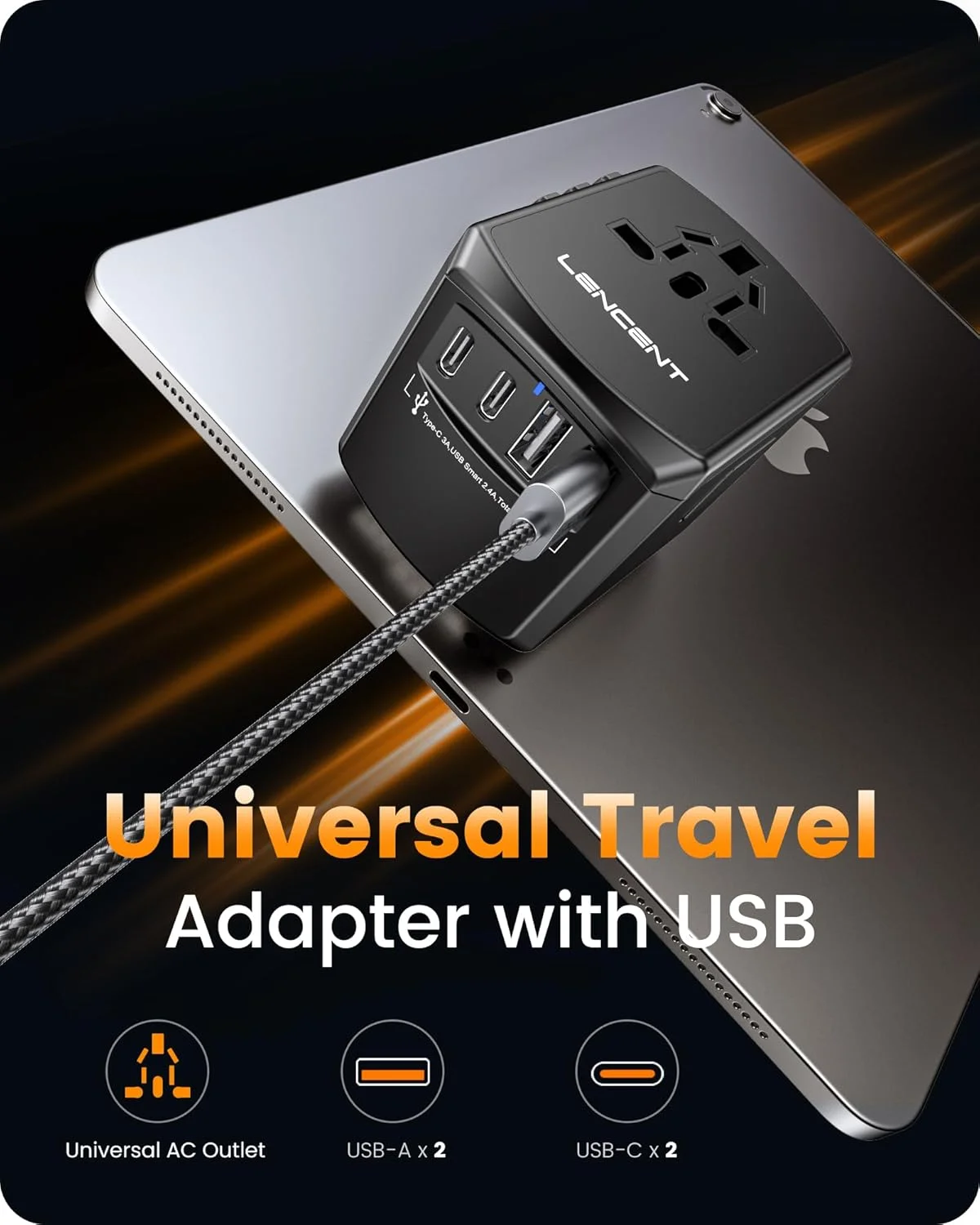 آداپتور برق مسافرتی جهانی LENCENT، آداپتور دوشاخه AC بین المللی با 2 پورت USB C و 2 پورت USB A، شارژر دیواری جهانی، ملزومات سفر برای ایالات متحده به اتحادیه اروپا، انگلستان، ایرلند، استرالیا (نوع C/G/A/I) مشکی