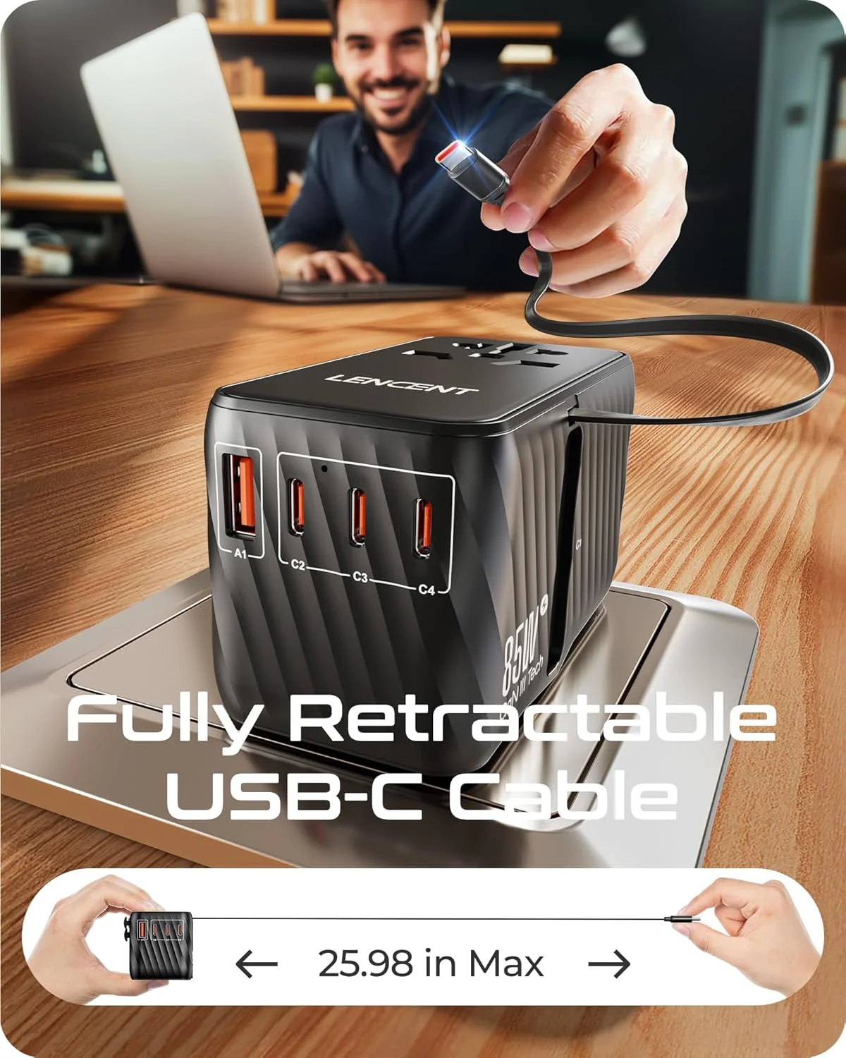 آداپتور مسافرتی جهانی 85 واتی LENCENT با کابل USB C جمع شونده، آداپتور دوشاخه بین المللی GaN با 3 پورت Type C و 1 پورت USB A شارژ سریع، مبدل پریز برق جهانی برای ایالات متحده به اروپا، انگلستان و استرالیا آداپتور مسافرتی جهانی 85 واتی LENCENT با کابل USB C جمع شونده، آداپتور دوشاخه بین المللی GaN با 3 پورت Type C و 1 پورت USB A شارژ سریع، مبدل پریز برق جهانی برای ایالات متحده به اروپا، انگلستان و استرالیا