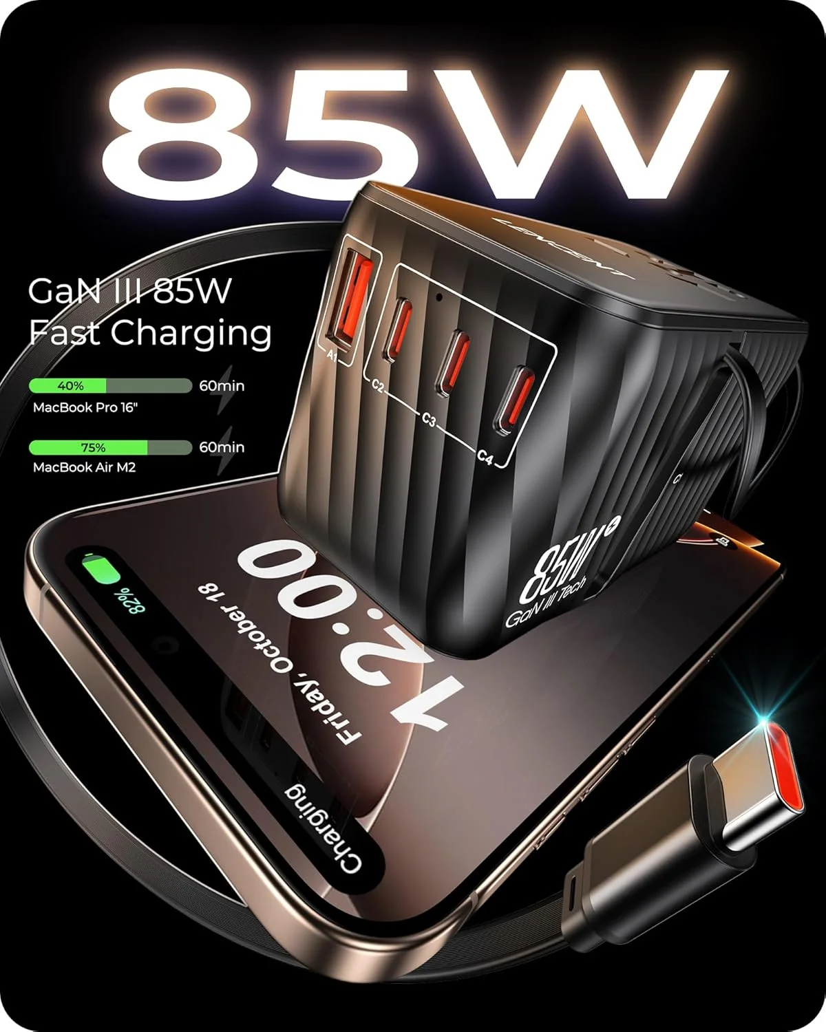 آداپتور مسافرتی جهانی 85 واتی LENCENT با کابل USB C جمع شونده، آداپتور دوشاخه بین المللی GaN با 3 پورت Type C و 1 پورت USB A شارژ سریع، مبدل پریز برق جهانی برای ایالات متحده به اروپا، انگلستان و استرالیا آداپتور مسافرتی جهانی 85 واتی LENCENT با کابل USB C جمع شونده، آداپتور دوشاخه بین المللی GaN با 3 پورت Type C و 1 پورت USB A شارژ سریع، مبدل پریز برق جهانی برای ایالات متحده به اروپا، انگلستان و استرالیا