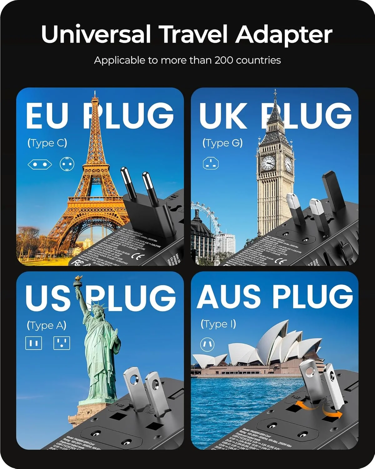 آداپتور مسافرتی جهانی 85 واتی LENCENT با کابل USB C جمع شونده، آداپتور دوشاخه بین المللی GaN با 3 پورت Type C و 1 پورت USB A شارژ سریع، مبدل پریز برق جهانی برای ایالات متحده به اروپا، انگلستان و استرالیا آداپتور مسافرتی جهانی 85 واتی LENCENT با کابل USB C جمع شونده، آداپتور دوشاخه بین المللی GaN با 3 پورت Type C و 1 پورت USB A شارژ سریع، مبدل پریز برق جهانی برای ایالات متحده به اروپا، انگلستان و استرالیا