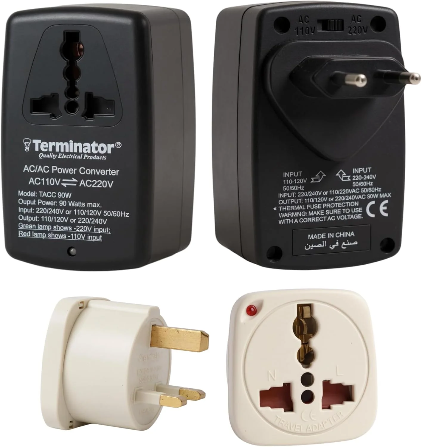 مبدل ولتاژ افزاینده/کاهنده 90 واتی ترمیناتور TACC با دوشاخه 2 پین EU - ترانسفورماتور 110 ولت ⇌ 220 ولت برای دستگاه های ≤90 وات، انتخابگر ولتاژ، نشانگر LED، فیوز حرارتی + آداپتور مسافرتی جهانی رایگان TL 11G UK