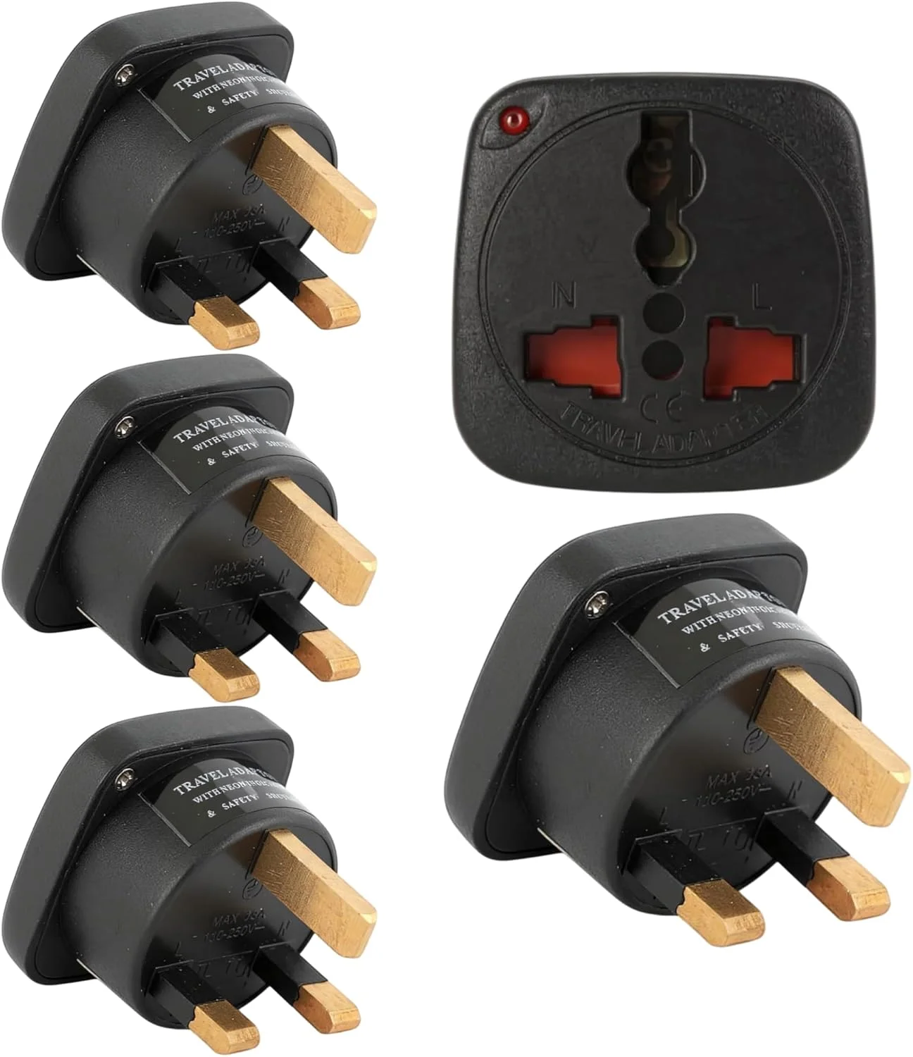 آداپتور مسافرتی ترمیناتور TL 11B بسته 3 عددی – تبدیل دوشاخه UK 13A نوع G به پریز جهانی، آداپتور برق مقاوم با گواهی CE برای منزل، دفتر کار، هتل، مسافرت – مشکی بادوام و جمع و جور – مدل TL 11B سه عددی
