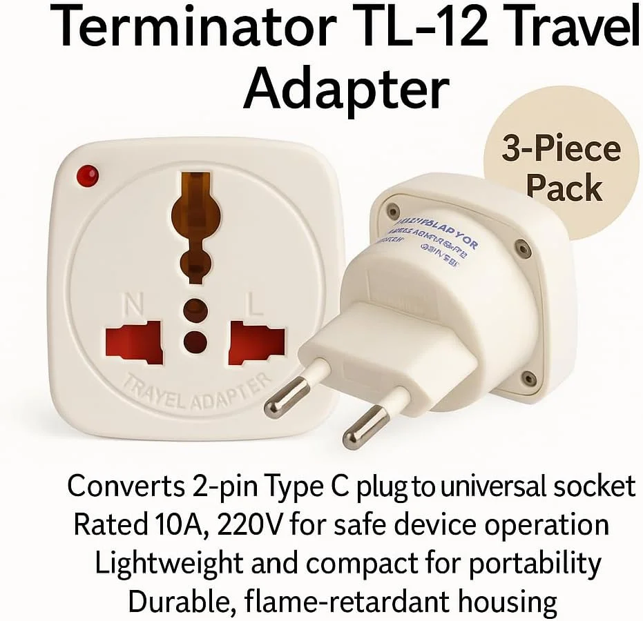مجموعه 3 عددی آداپتور مسافرتی ترمیناتور مدل TL-12 – تبدیل دوشاخه نوع C به پریز جهانی، آداپتور چند شاخه 10 آمپر 220 ولت برای منزل، دفتر کار و مسافرت های بین المللی – جمع و جور و بادوام، سفید مایل به کرم، مدل TL 12 سه عددی