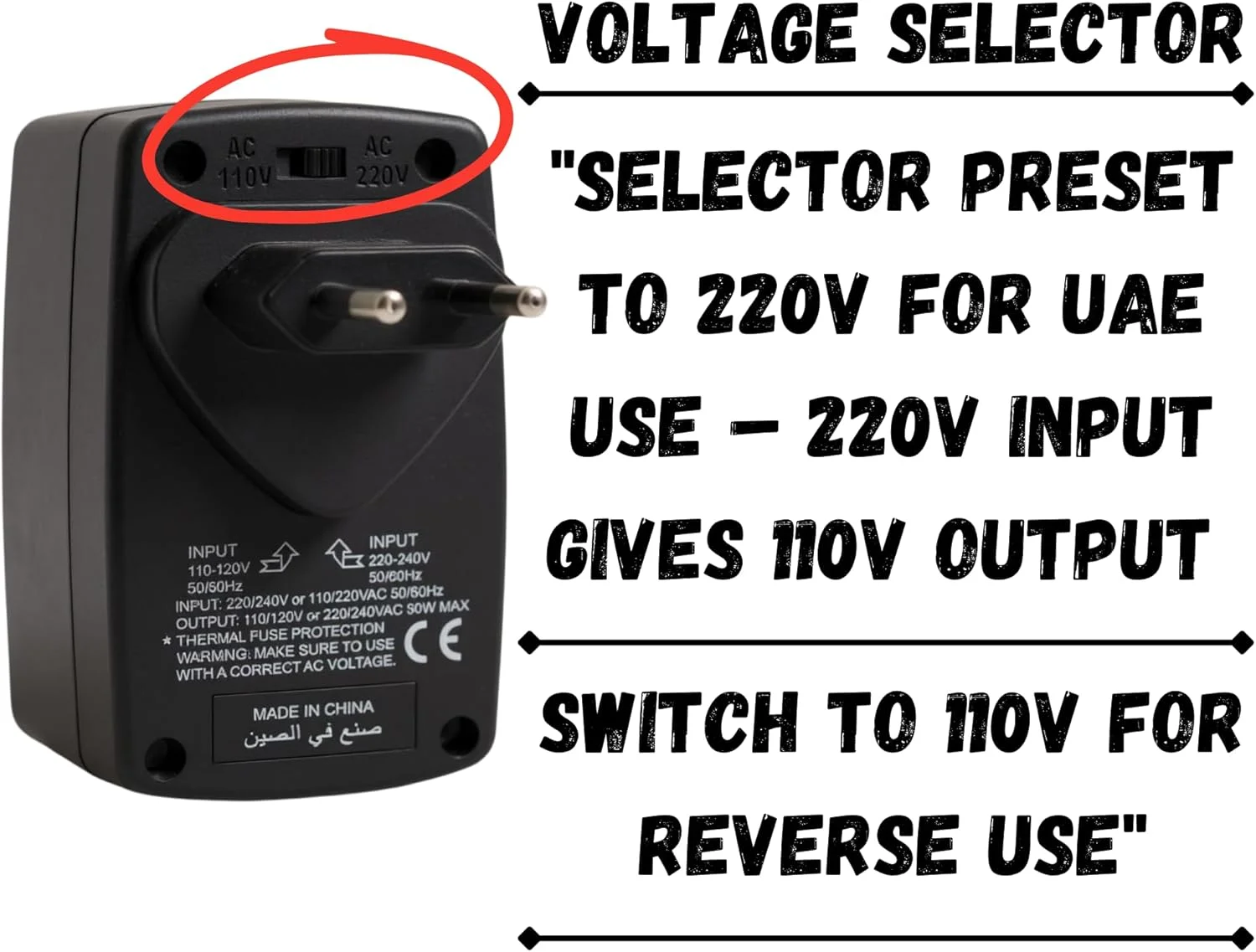 مبدل ولتاژ افزاینده/کاهنده 90 واتی ترمیناتور TACC با دوشاخه 2 پین EU - ترانسفورماتور 110 ولت ⇌ 220 ولت برای دستگاه های ≤90 وات، انتخابگر ولتاژ، نشانگر LED، فیوز حرارتی + آداپتور مسافرتی جهانی رایگان TL 11G UK