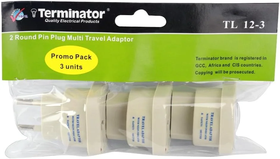 مجموعه 3 عددی آداپتور مسافرتی ترمیناتور مدل TL-12 – تبدیل دوشاخه نوع C به پریز جهانی، آداپتور چند شاخه 10 آمپر 220 ولت برای منزل، دفتر کار و مسافرت های بین المللی – جمع و جور و بادوام، سفید مایل به کرم، مدل TL 12 سه عددی