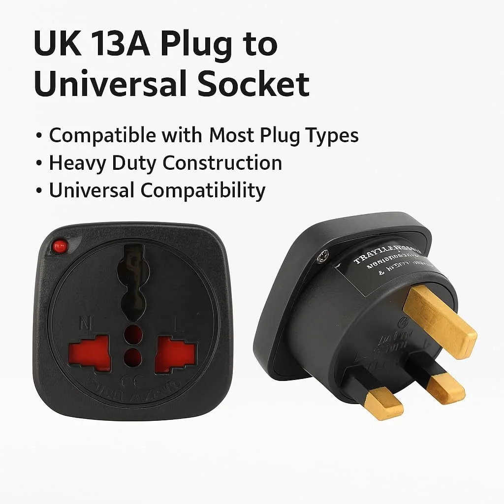 آداپتور مسافرتی ترمیناتور TL 11B بسته 3 عددی – تبدیل دوشاخه UK 13A نوع G به پریز جهانی، آداپتور برق مقاوم با گواهی CE برای منزل، دفتر کار، هتل، مسافرت – مشکی بادوام و جمع و جور – مدل TL 11B سه عددی