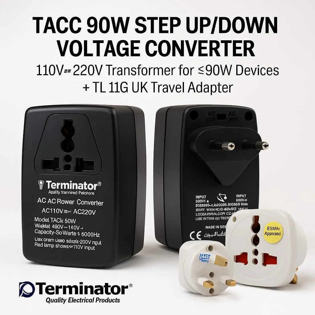 مبدل ولتاژ افزاینده/کاهنده 90 واتی ترمیناتور TACC با دوشاخه 2 پین EU - ترانسفورماتور 110 ولت ⇌ 220 ولت برای دستگاه های ≤90 وات، انتخابگر ولتاژ، نشانگر LED، فیوز حرارتی + آداپتور مسافرتی جهانی رایگان TL 11G UK