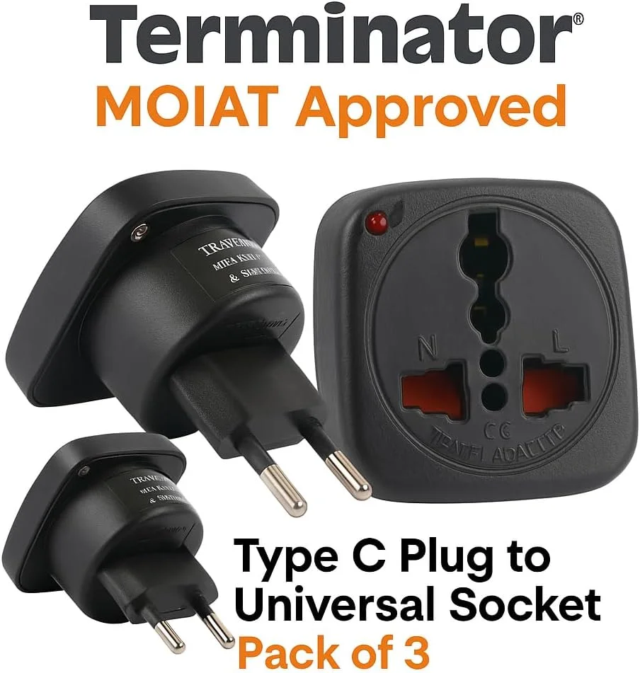 آداپتور مسافرتی ترمیناتور TL 12B – بسته 3 عددی – سازگار با MOIAT – دوشاخه 2 پین گرد به مبدل سوکت جهانی – شاتر ایمنی، نشانگر نئون، ساخت ABS + مس – آداپتور برق مسافرتی و هتلی امارات