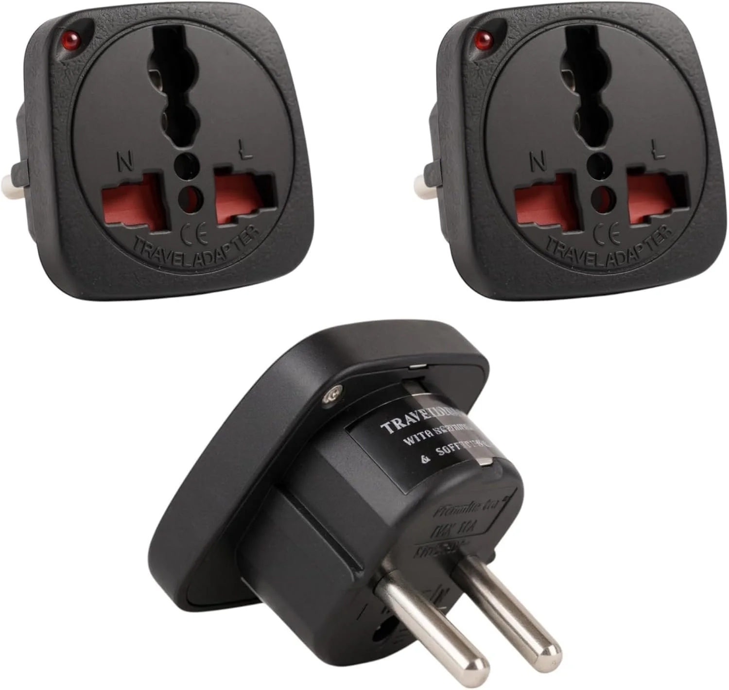 آداپتور مسافرتی ترمیناتور TL-15B – بسته 3 عددی دوشاخه EU به سوکت یونیورسال – دارای محافظ ایمنی کودک و نشانگر نئون – دارای گواهی CE – مبدل برق جمع و جور برای خانه، دفتر، هتل و مسافرت – مشکی
