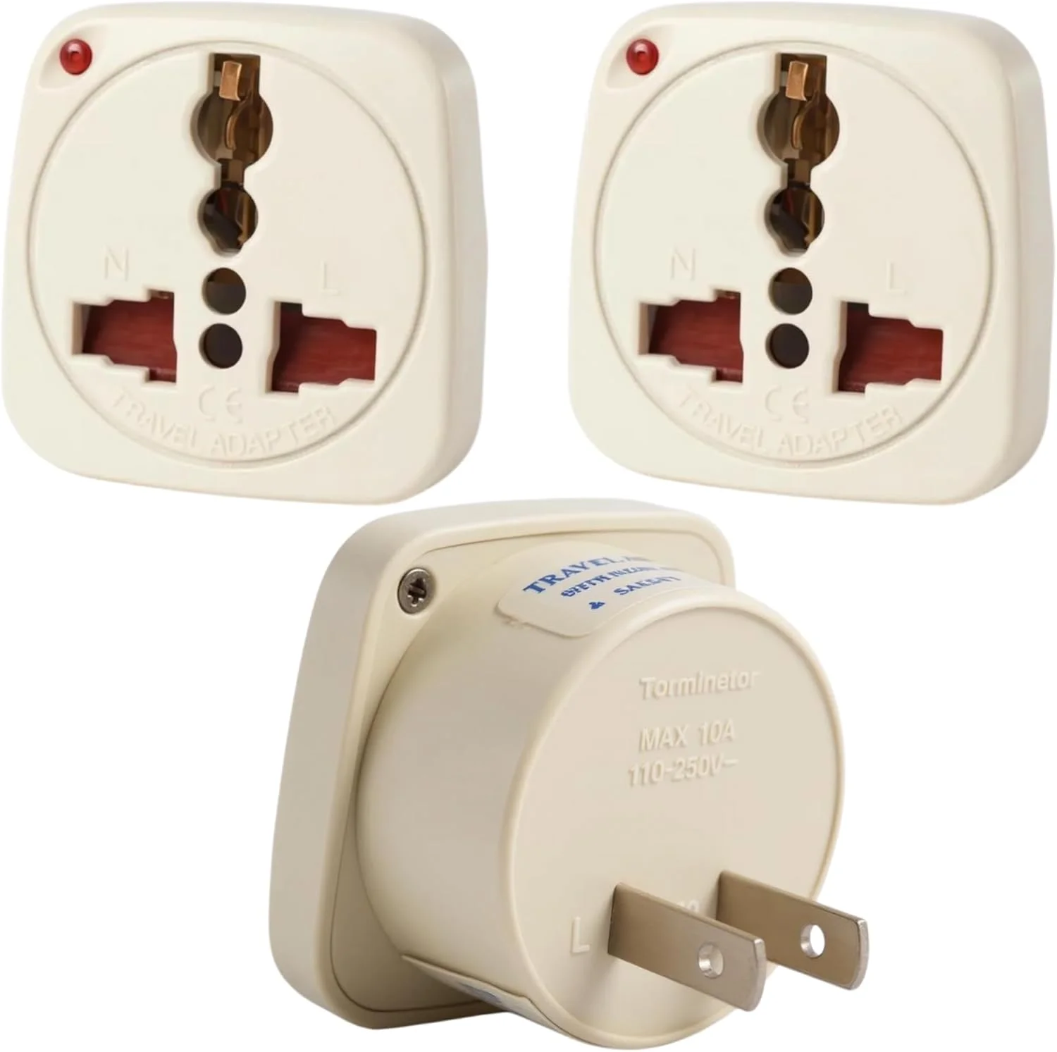 آداپتور مسافرتی ترمیناتور مدل TL-13 بسته 3 عددی – تبدیل دوشاخه تخت آمریکایی نوع A به پریز جهانی با شاتر و نشانگر نئون، دارای تاییدیه CE، آداپتور دوشاخه سفید بادوام و جمع و جور برای مسافرت، خانه و محل کار